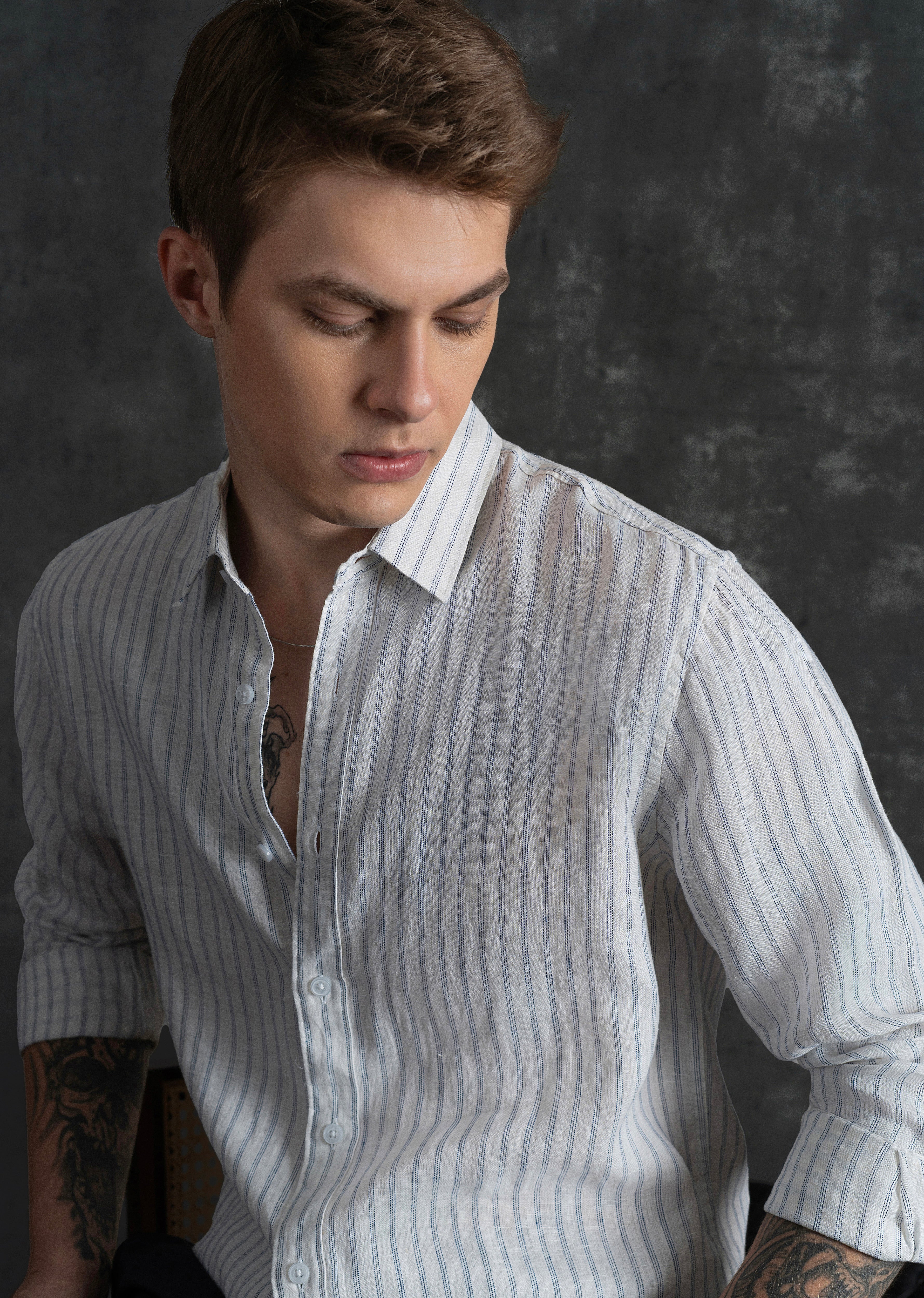 100% Linen Off-White Self-Stripe Shirt - Image 9