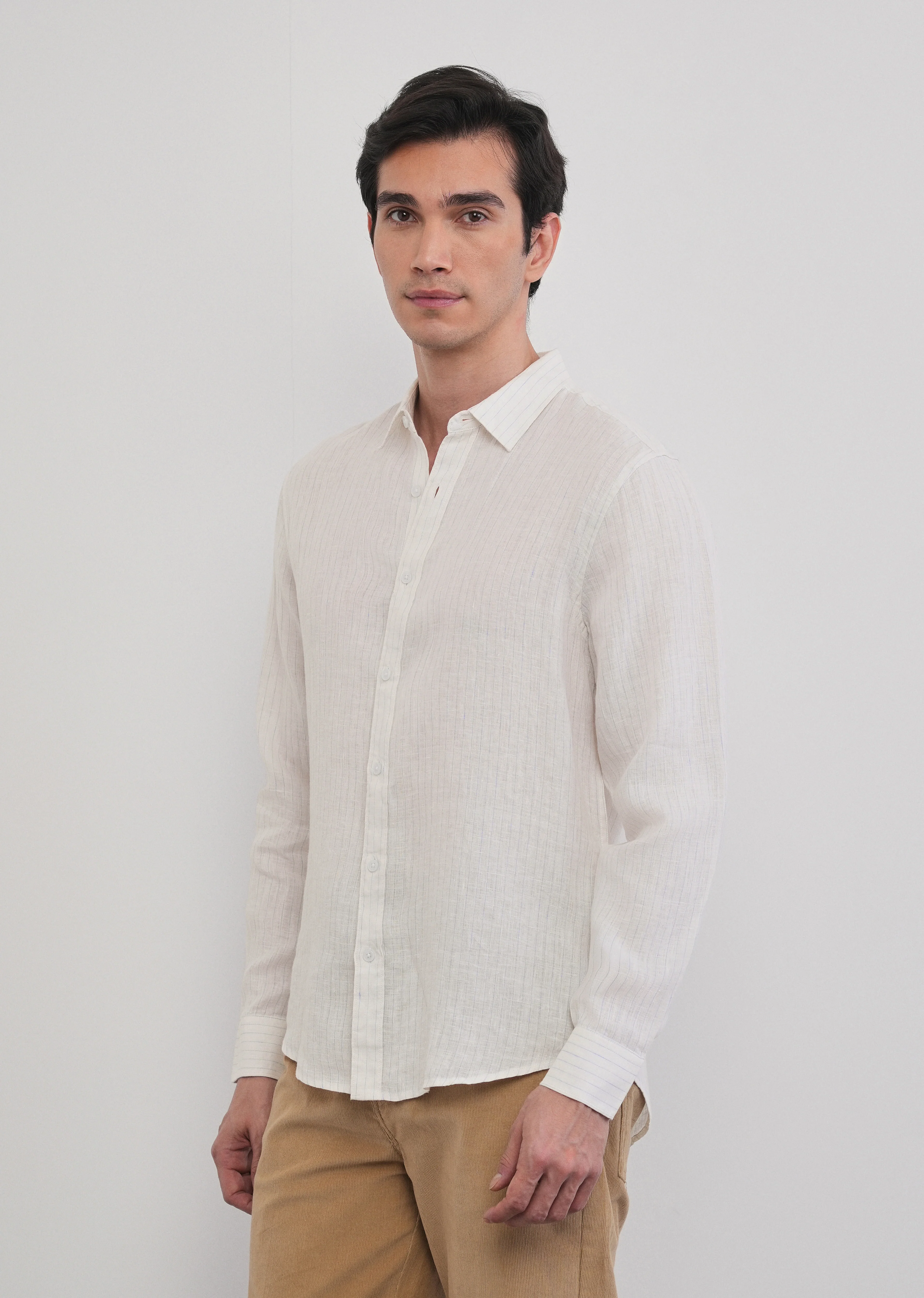 100% Linen Off-White Stripe Shirt - Image 5