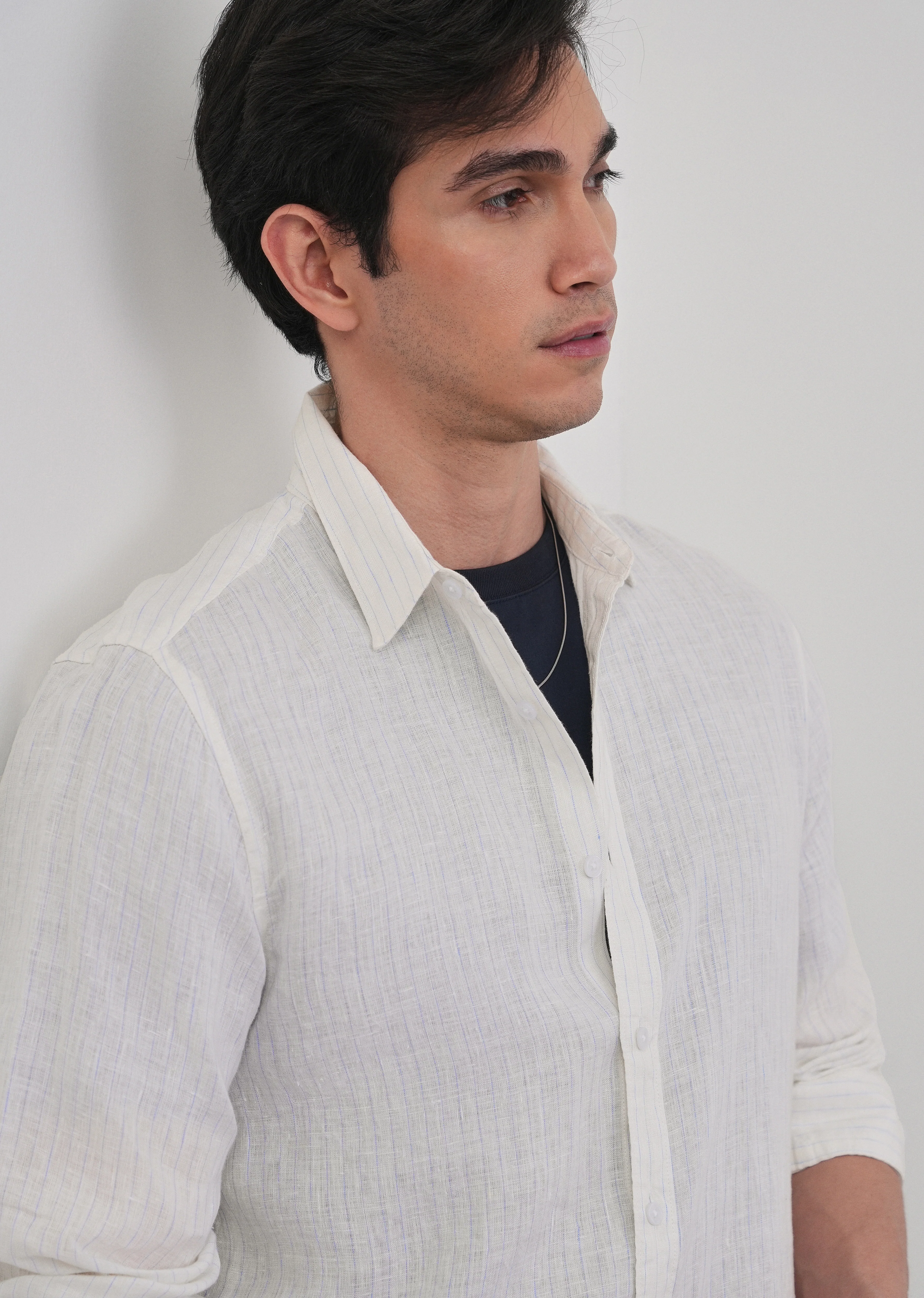 100% Linen Off-White Stripe Shirt - Image 6