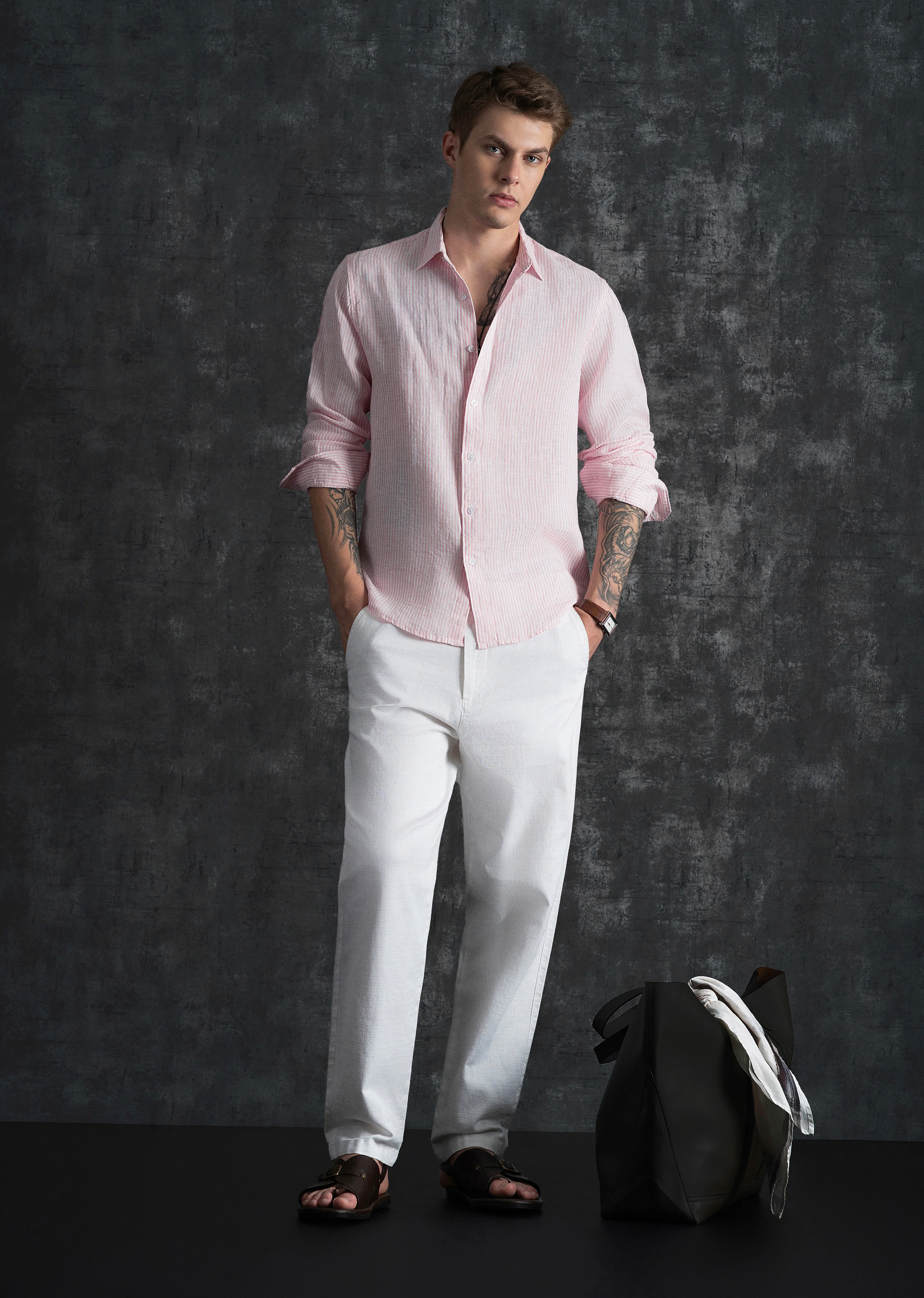 100% Linen Pink Self-Stripe Shirt - Image 10