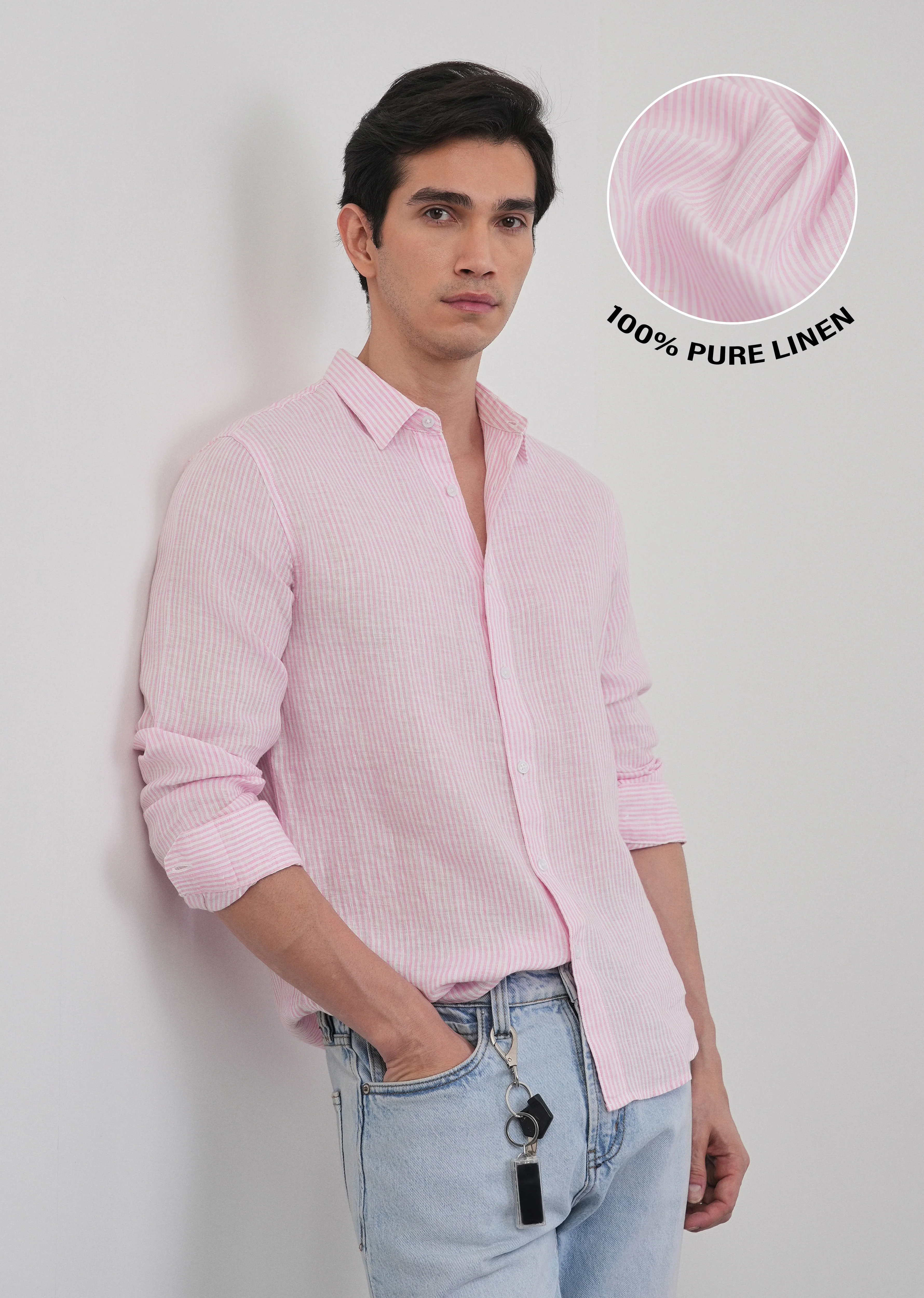 100% Linen Pink Self-Stripe Shirt - Image 13