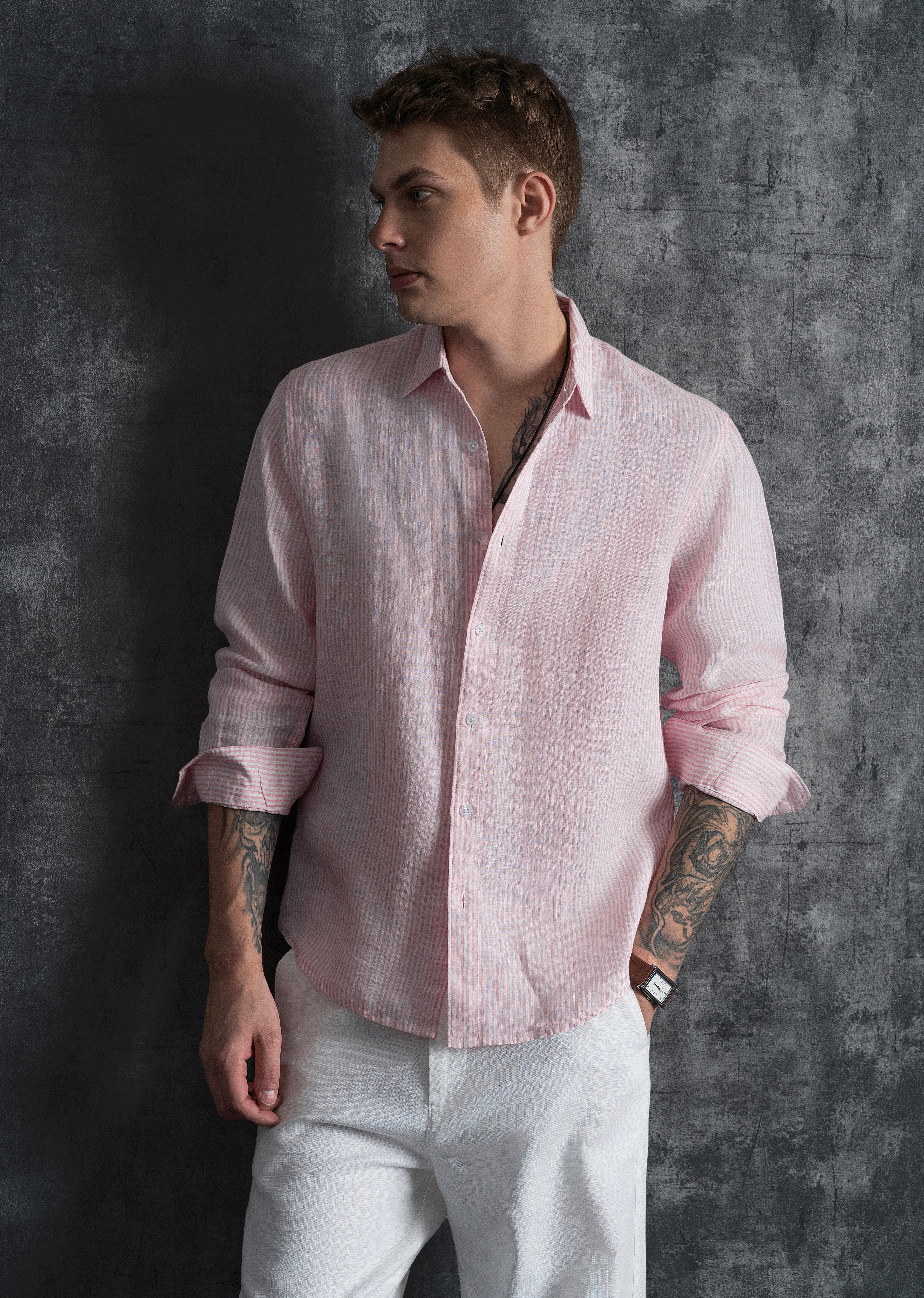 100% Linen Pink Self-Stripe Shirt - Image 2