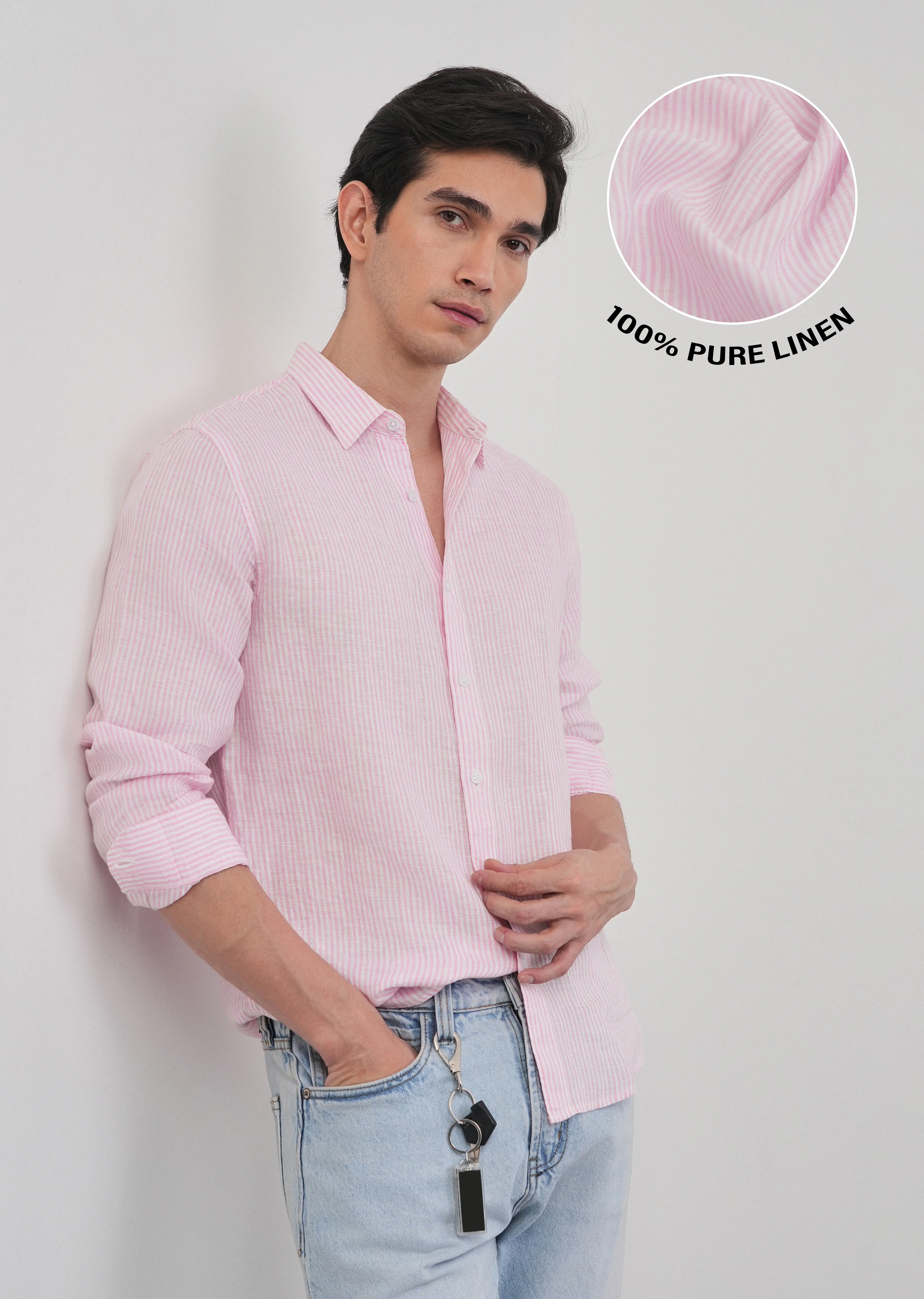 100% Linen Pink Self-Stripe Shirt - Image 3