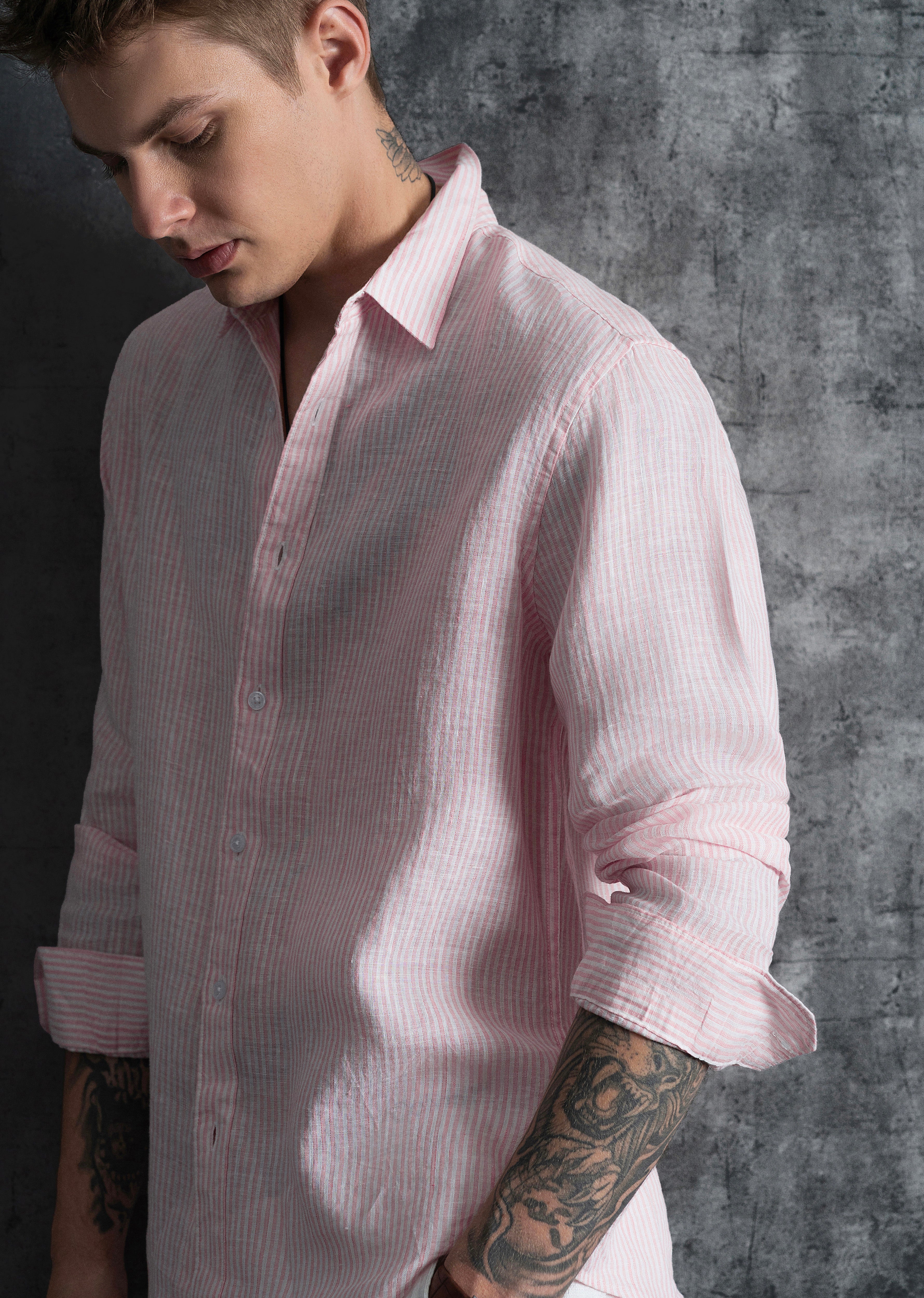 100% Linen Pink Self-Stripe Shirt - Image 5