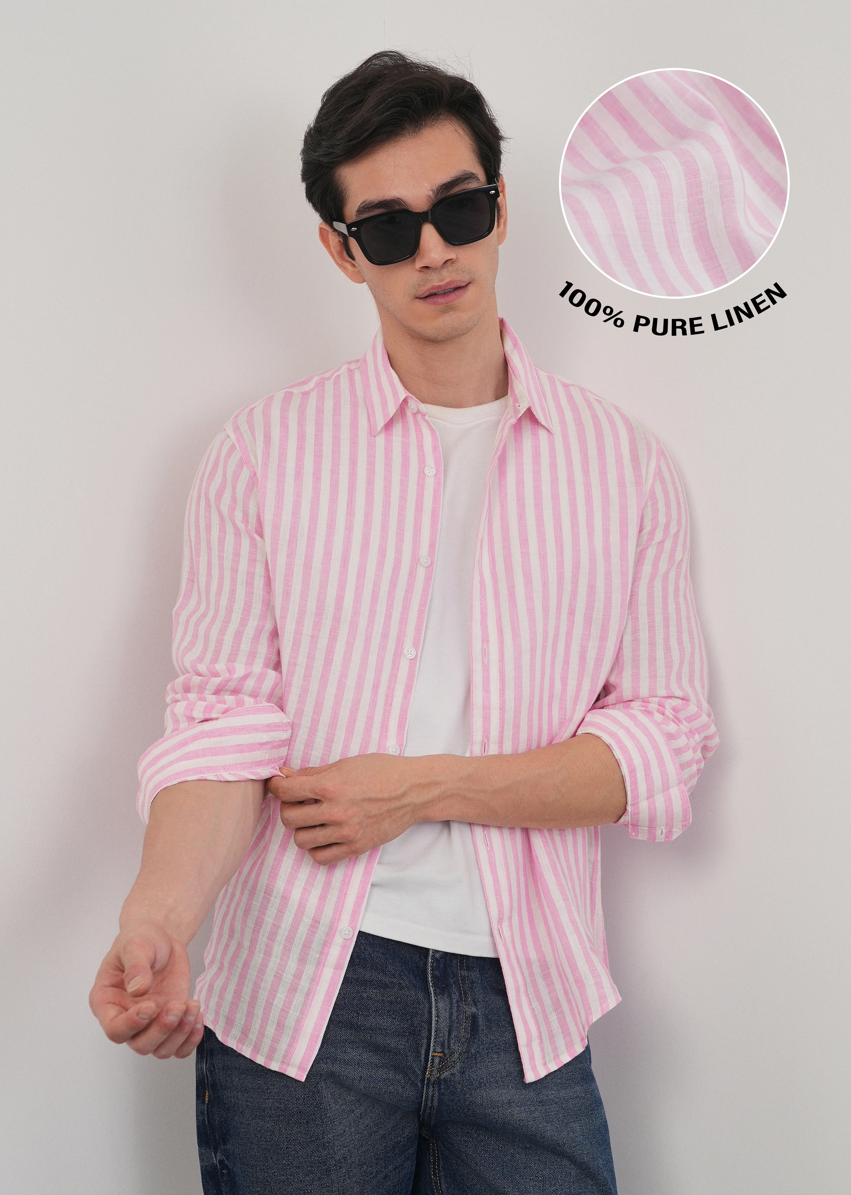 100% Linen Pink Stripe Shirt - Image 2
