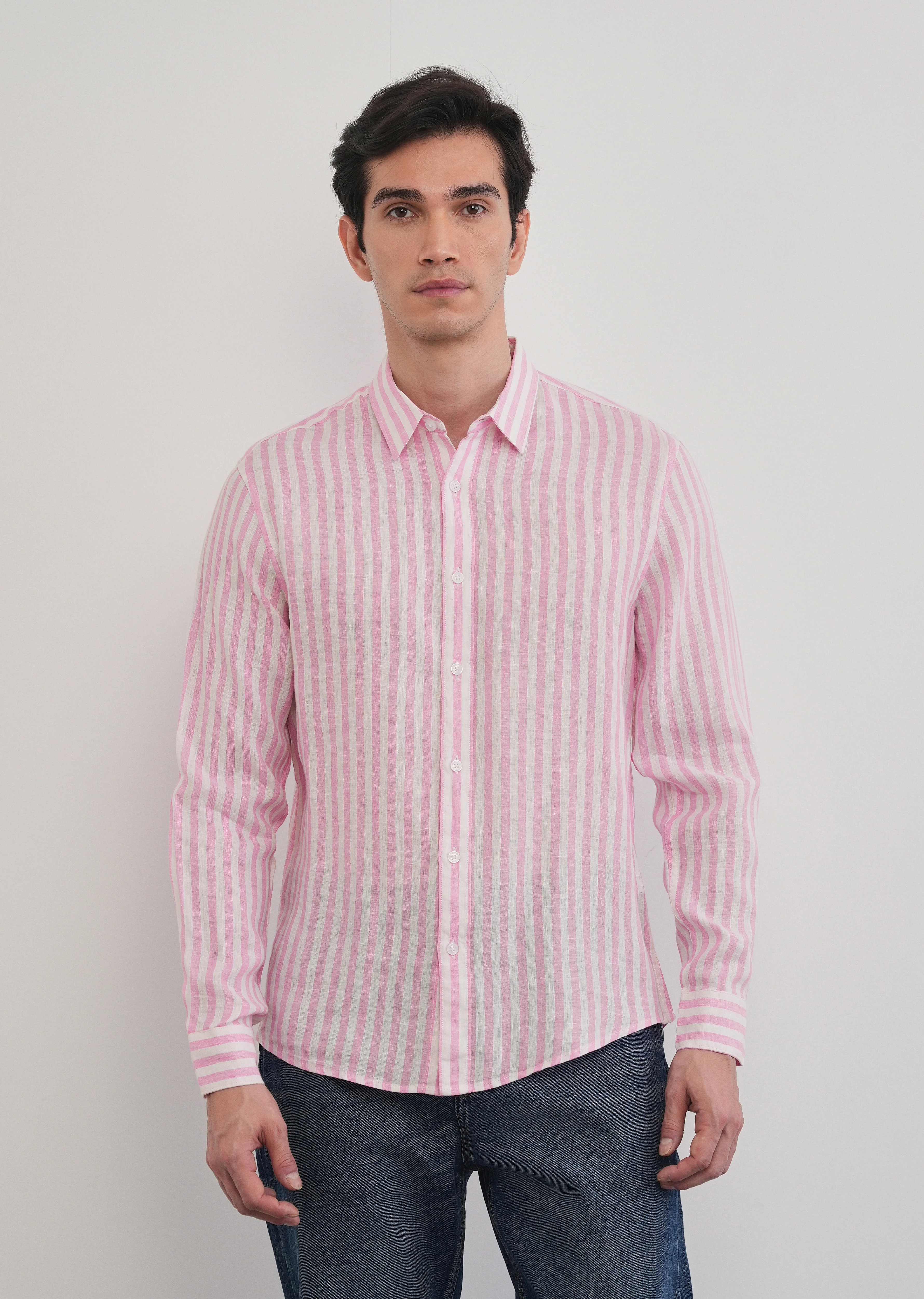 100% Linen Pink Stripe Shirt - Image 6