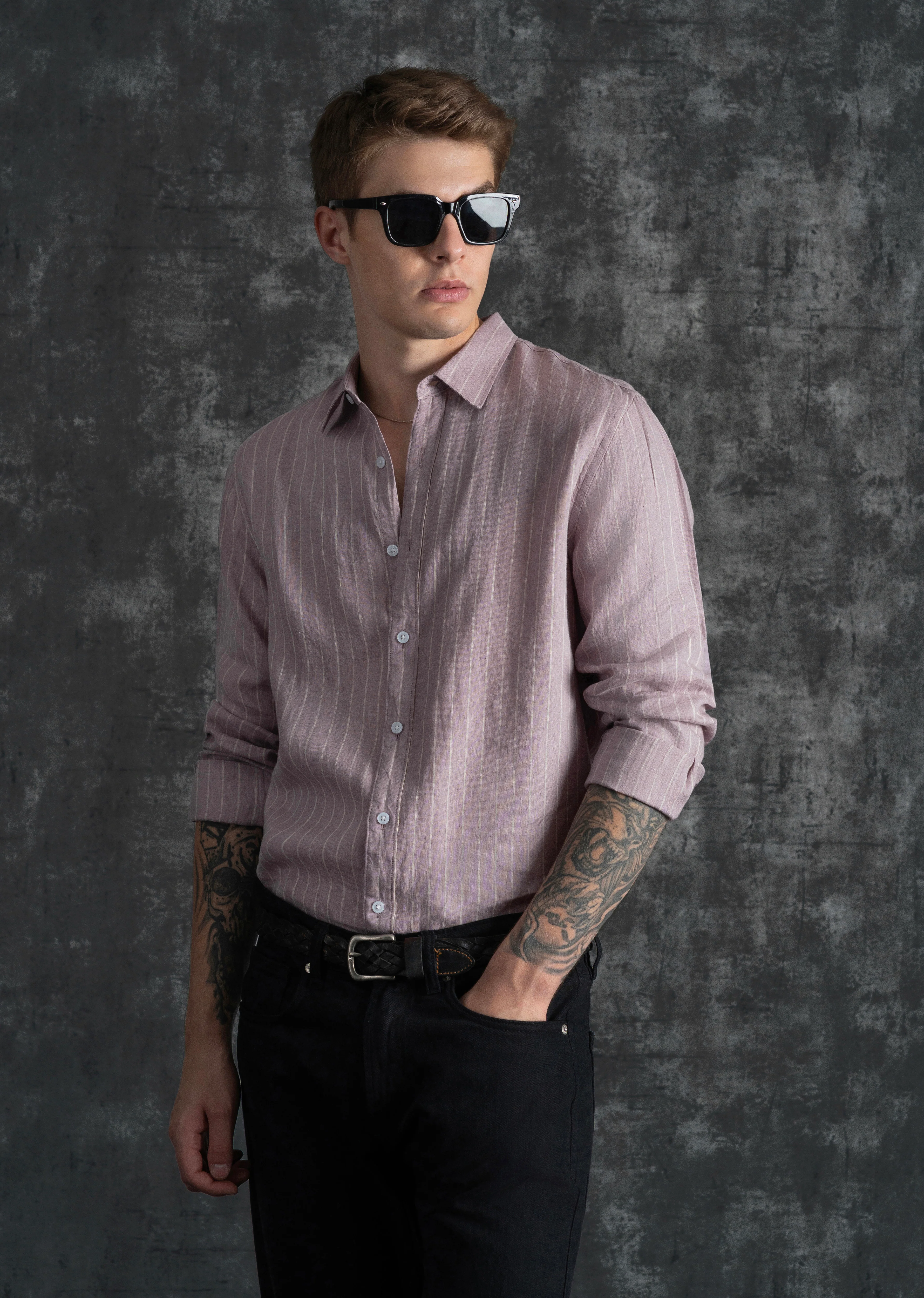 100% Linen Purple Vertical Stripe Shirt - Image 12