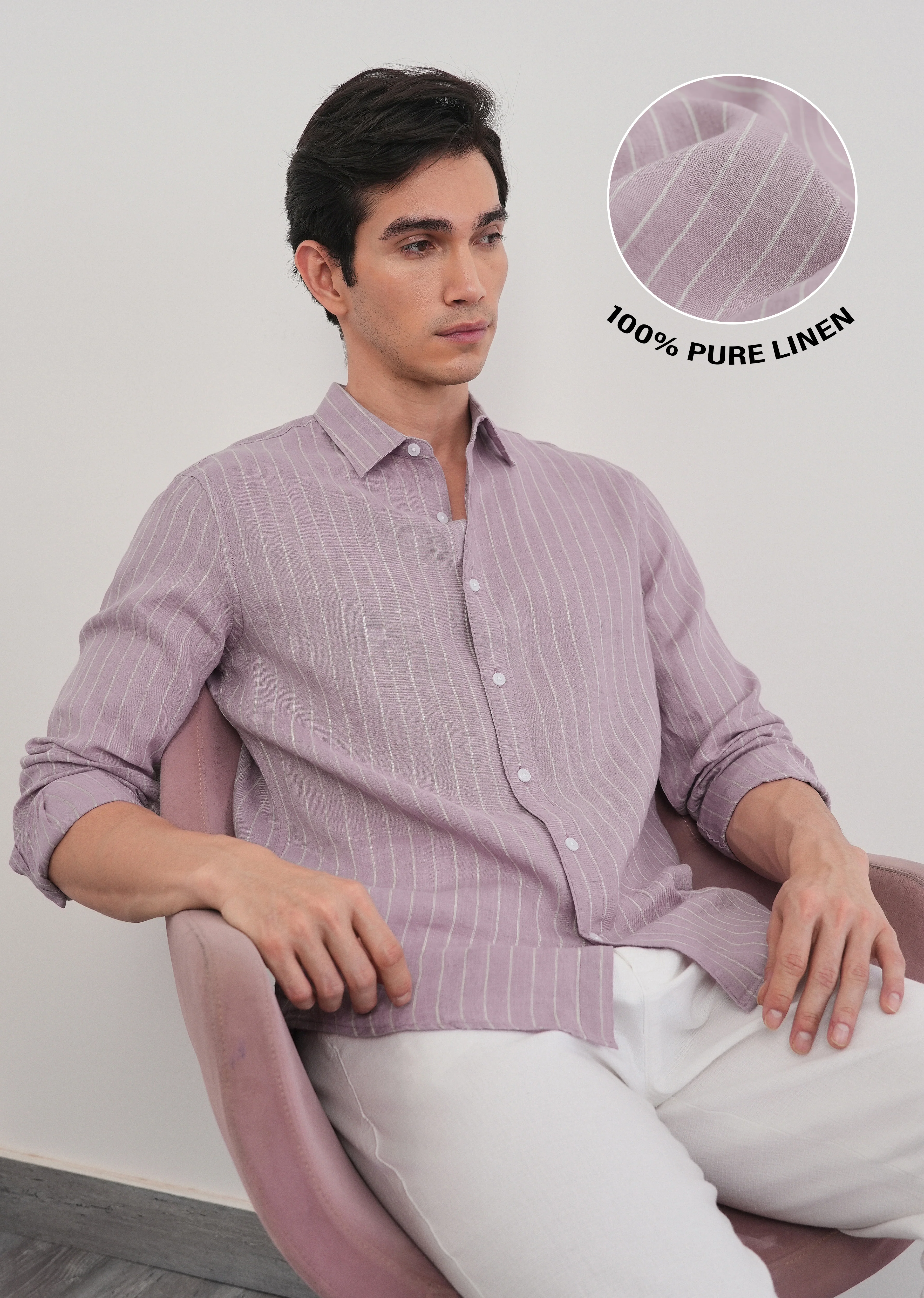 100% Linen Purple Vertical Stripe Shirt - Image 2