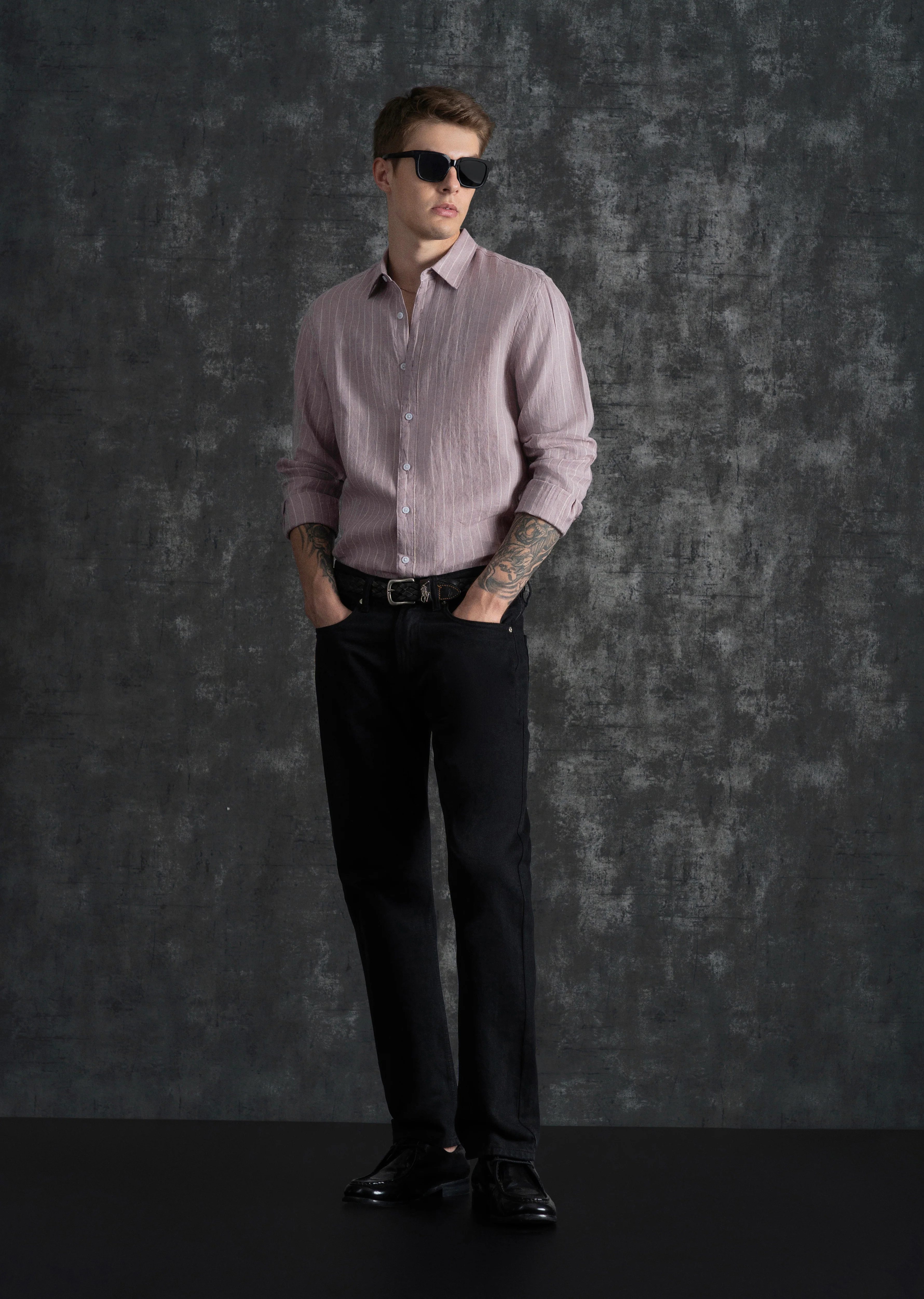 100% Linen Purple Vertical Stripe Shirt - Image 7