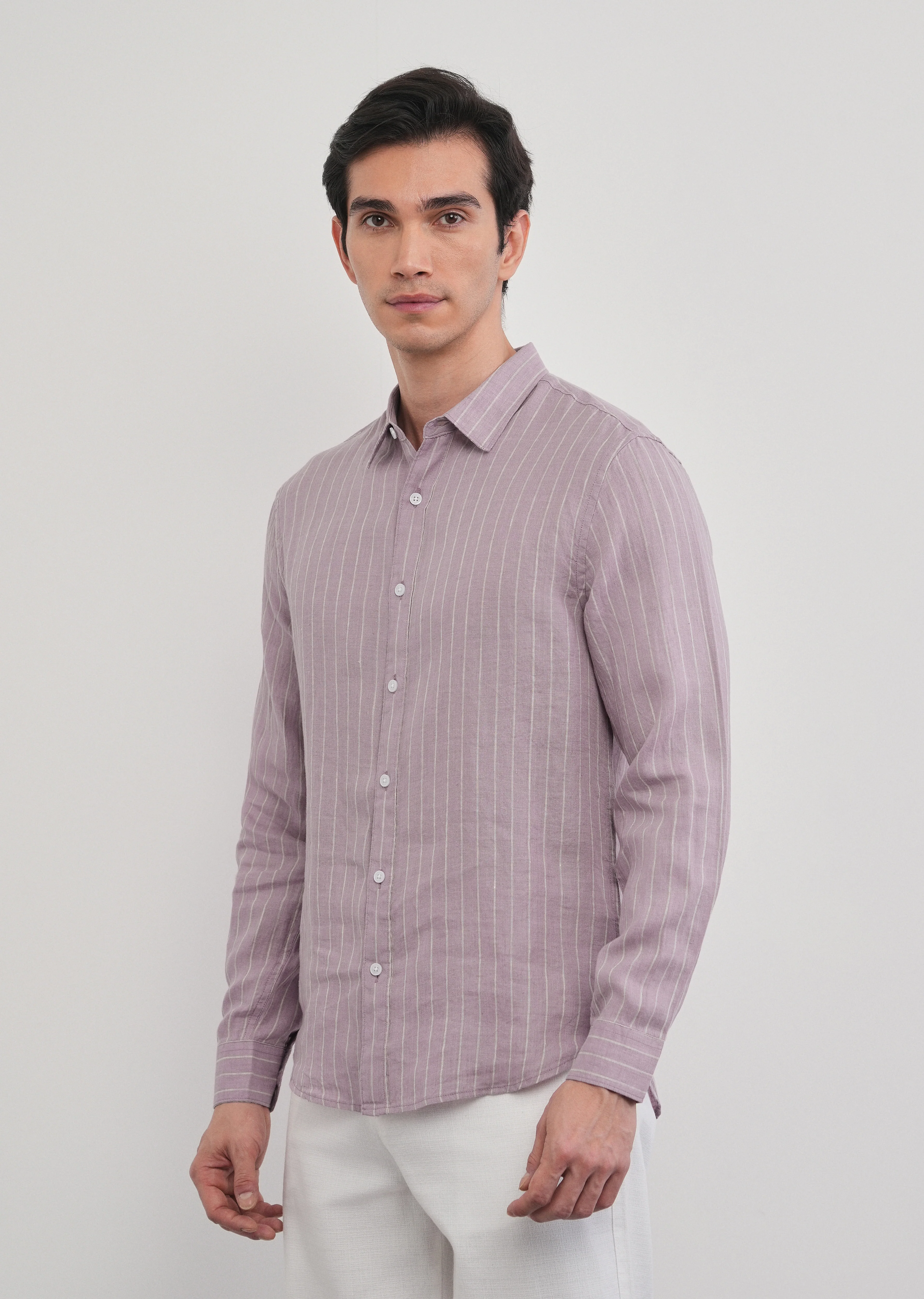 100% Linen Purple Vertical Stripe Shirt - Image 8