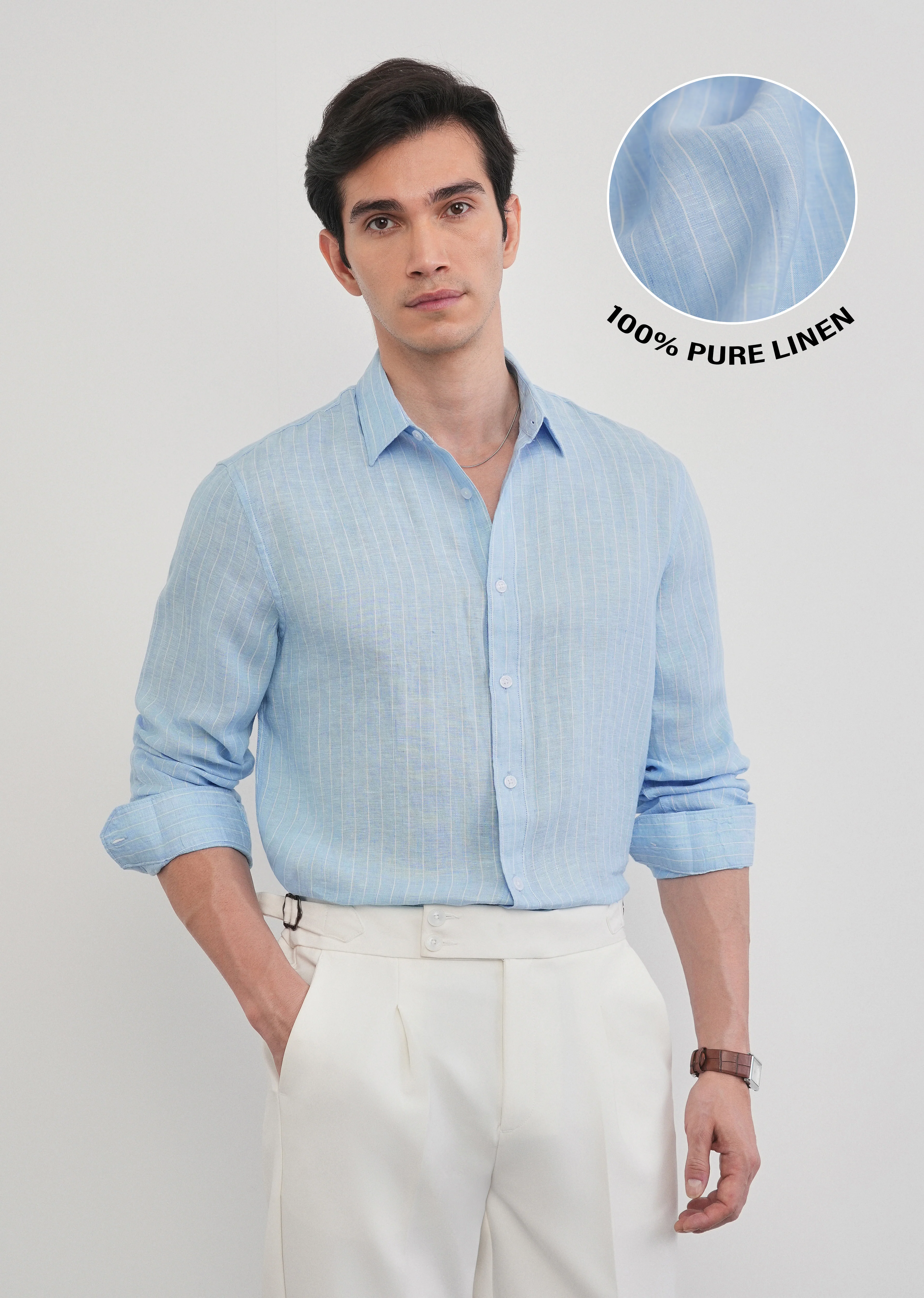 100% Linen Sky Blue Stripe Shirt - Image 2