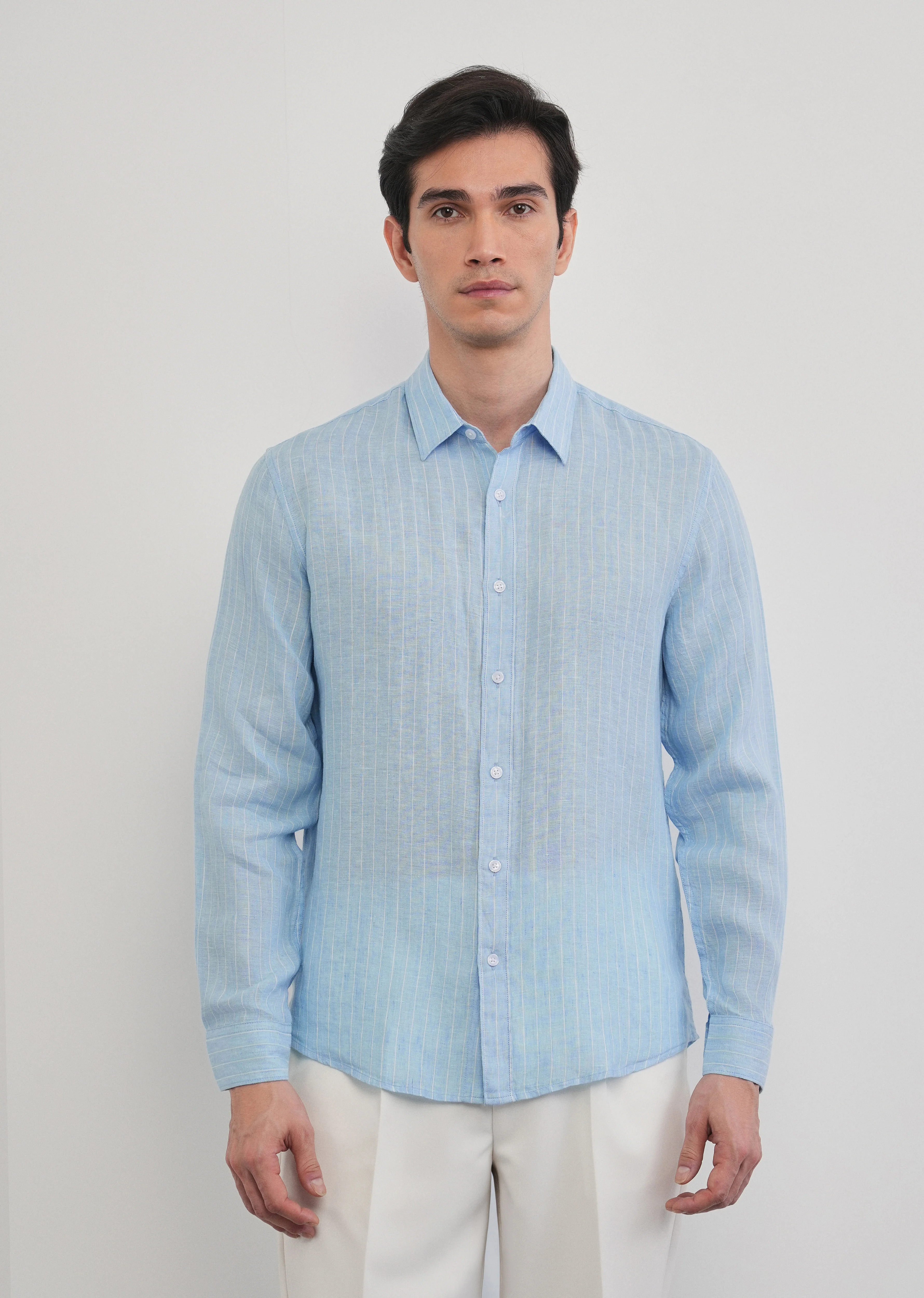 100% Linen Sky Blue Stripe Shirt - Image 6
