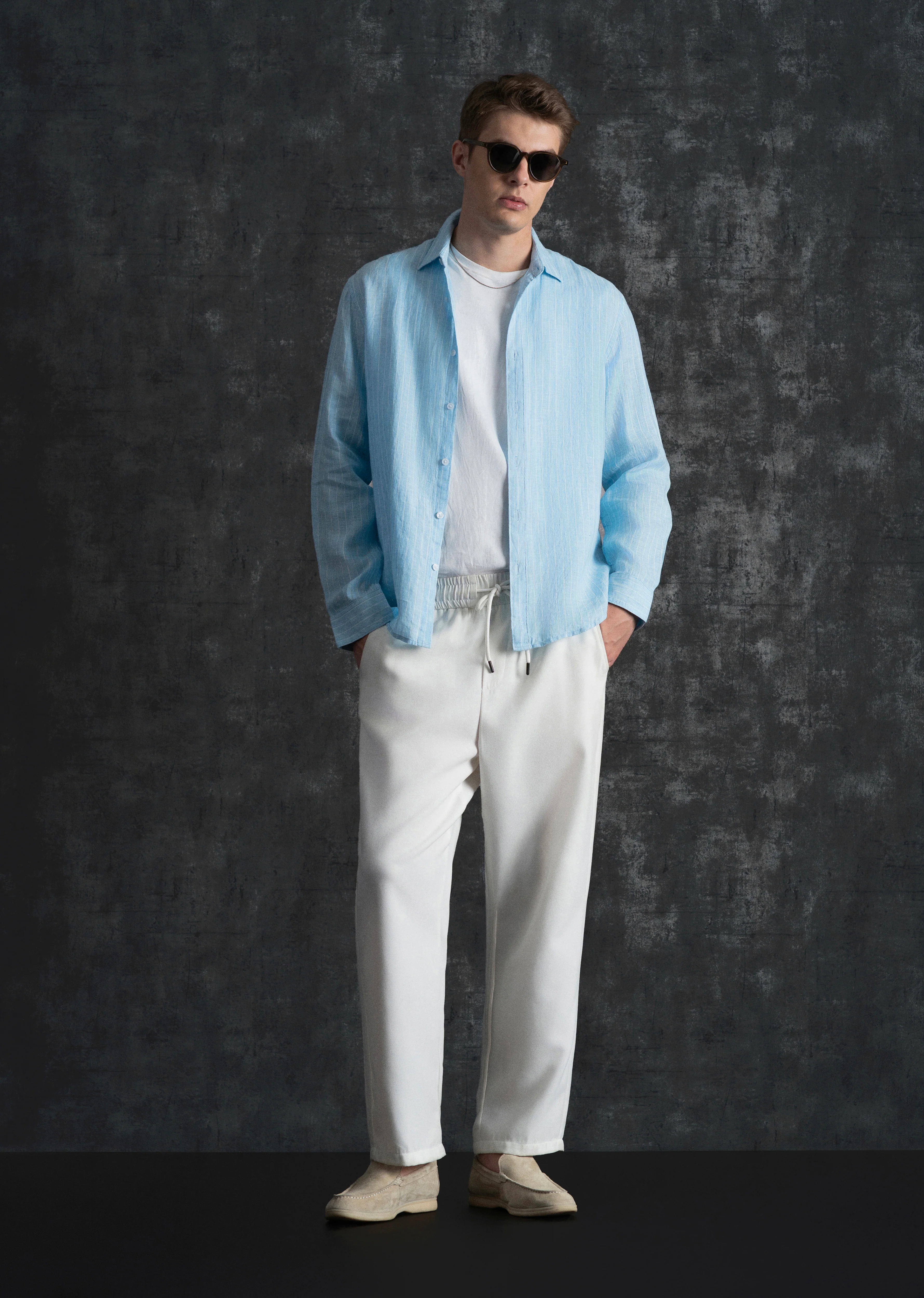 100% Linen Sky Blue Stripe Shirt - Image 8