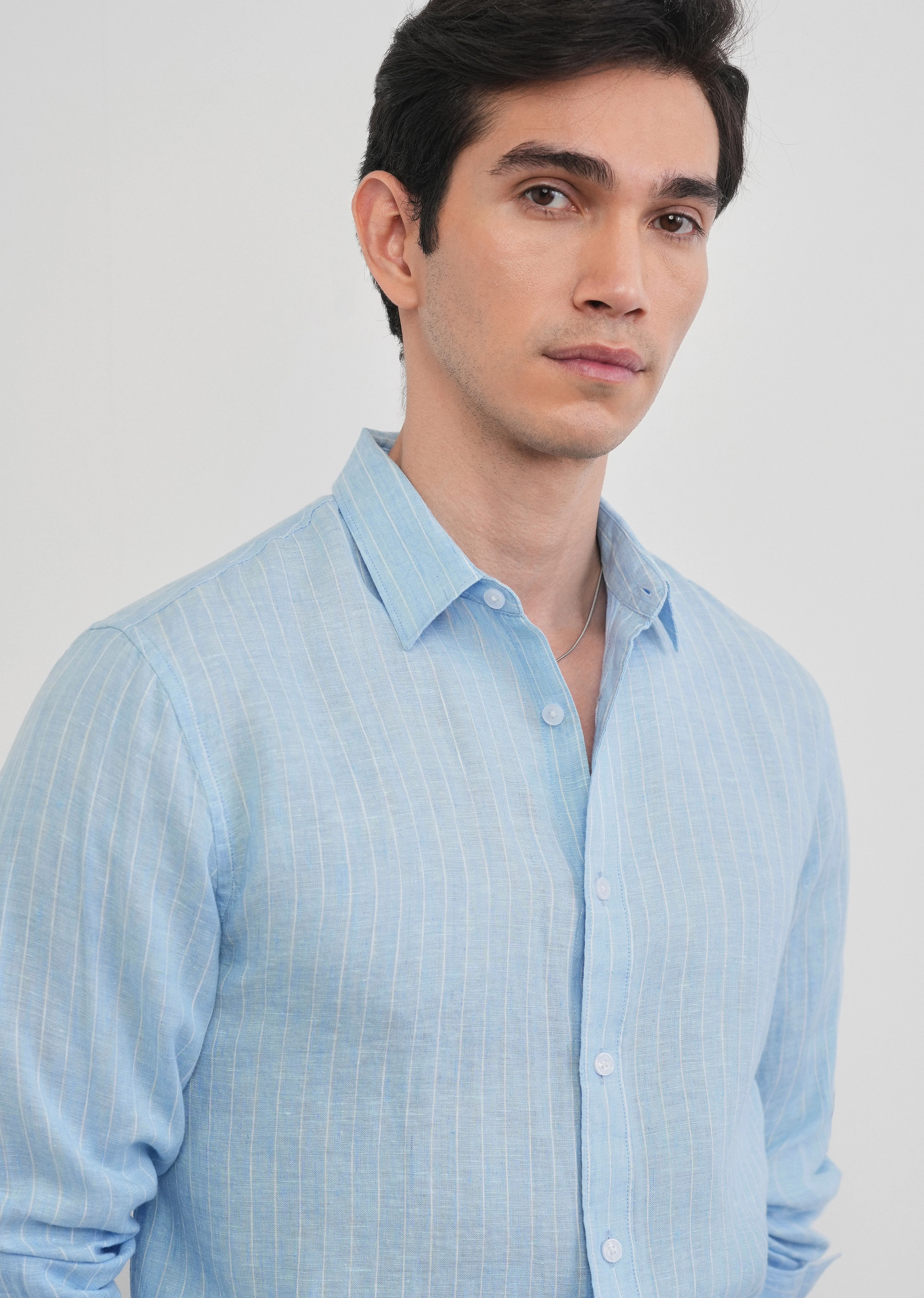 100% Linen Sky Blue Stripe Shirt - Image 9