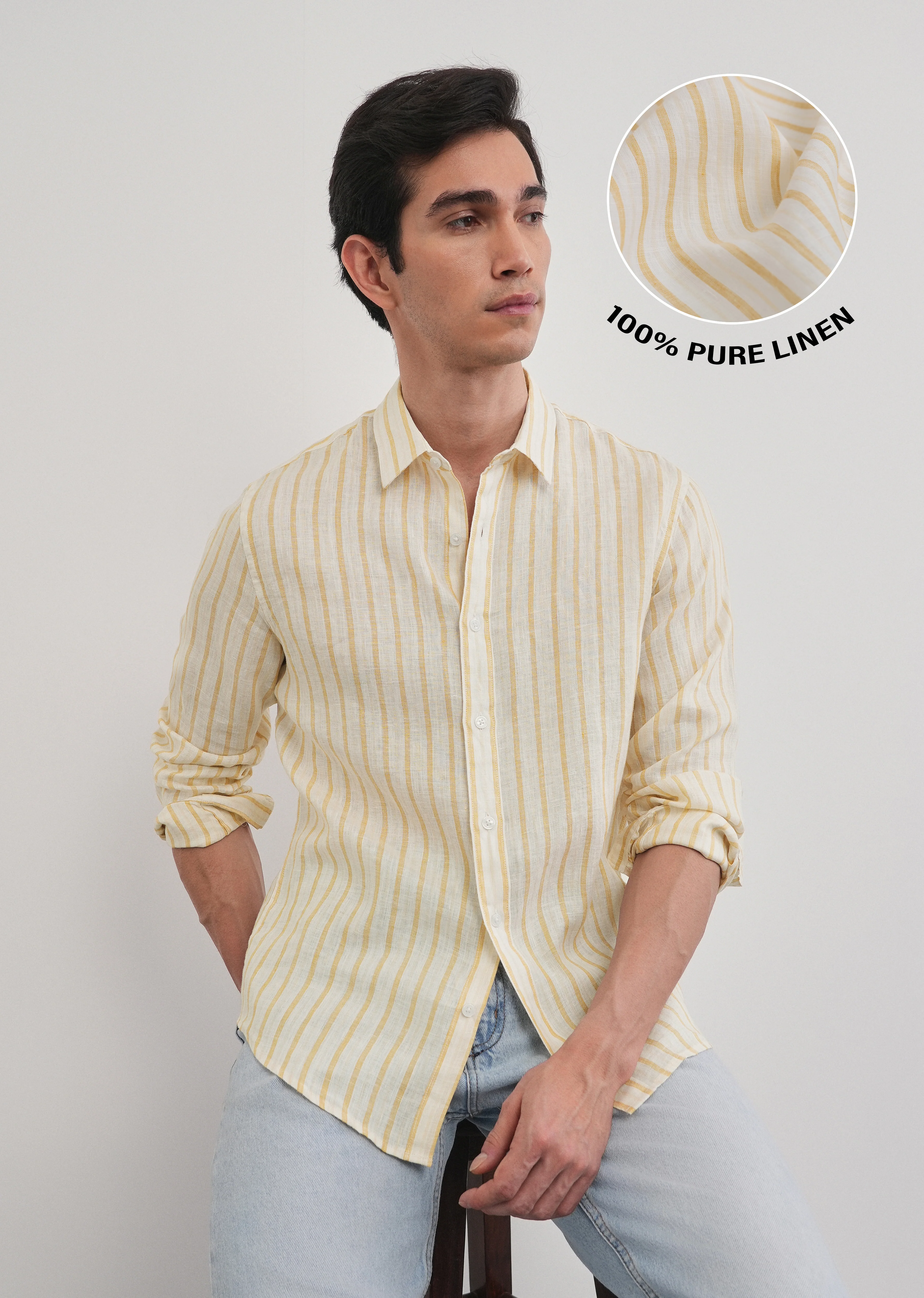 100% Linen Yellow Self-Stripe Shirt - Image 11