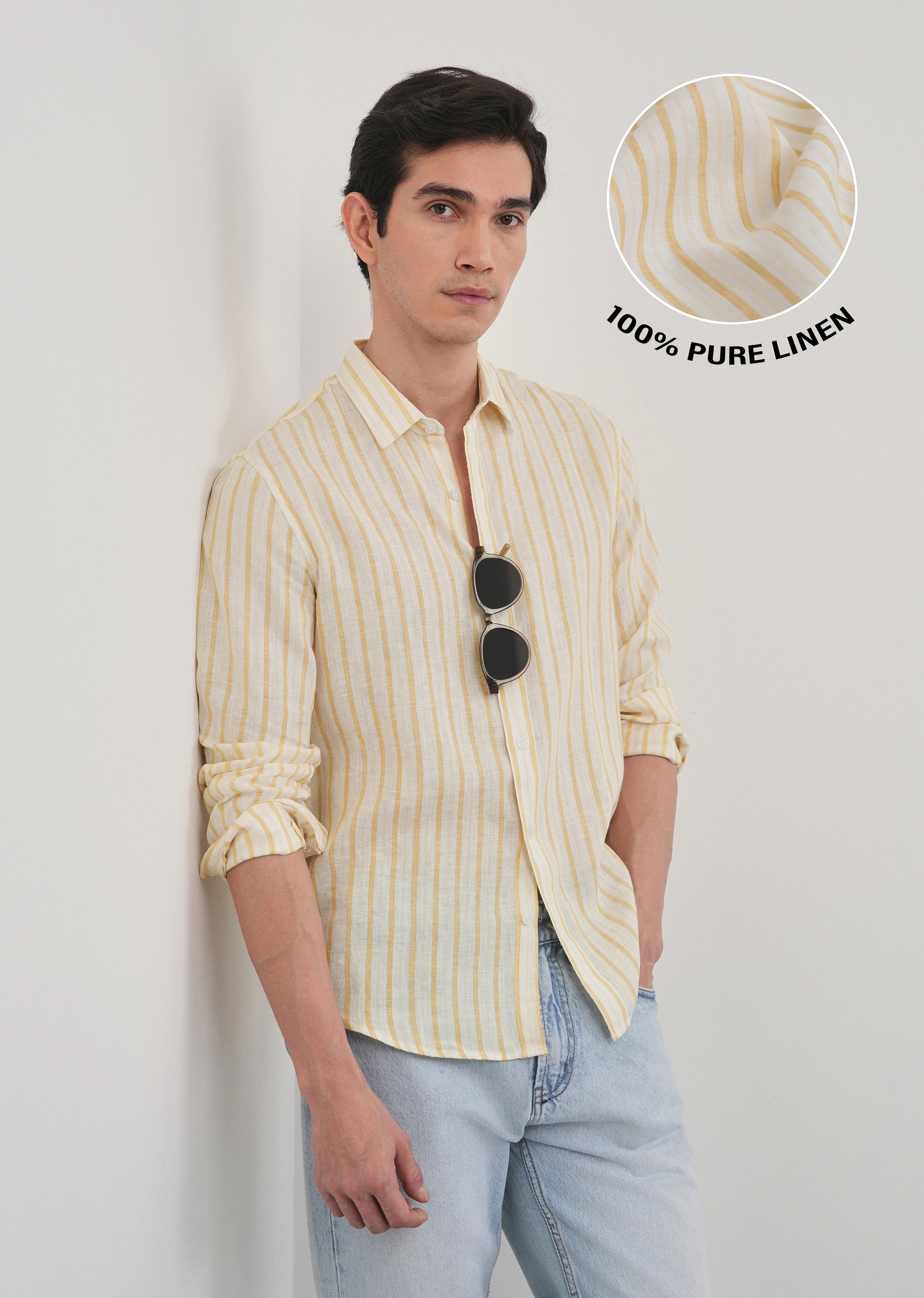 100% Linen Yellow Self-Stripe Shirt - Image 2
