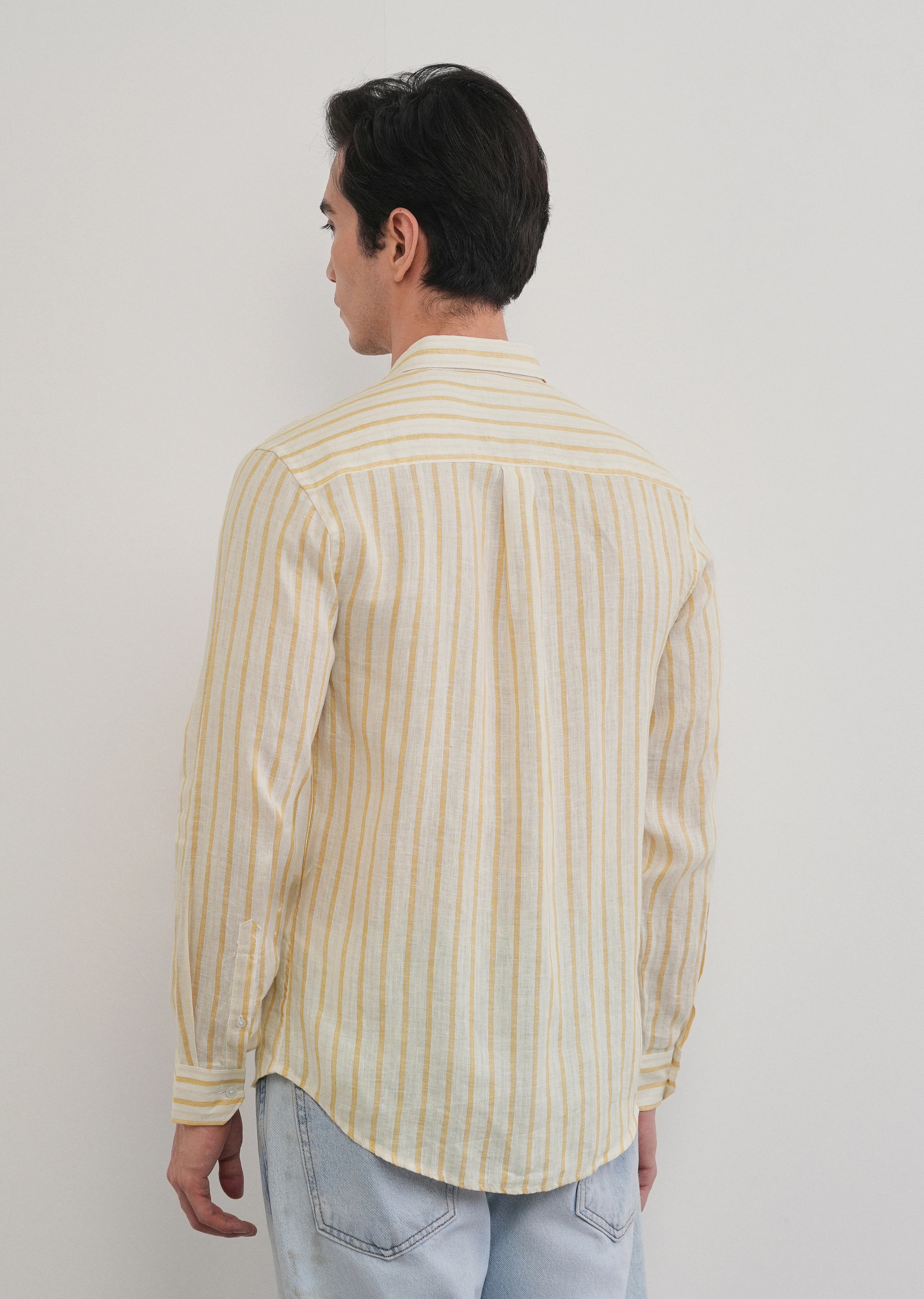 100% Linen Yellow Self-Stripe Shirt - Image 5