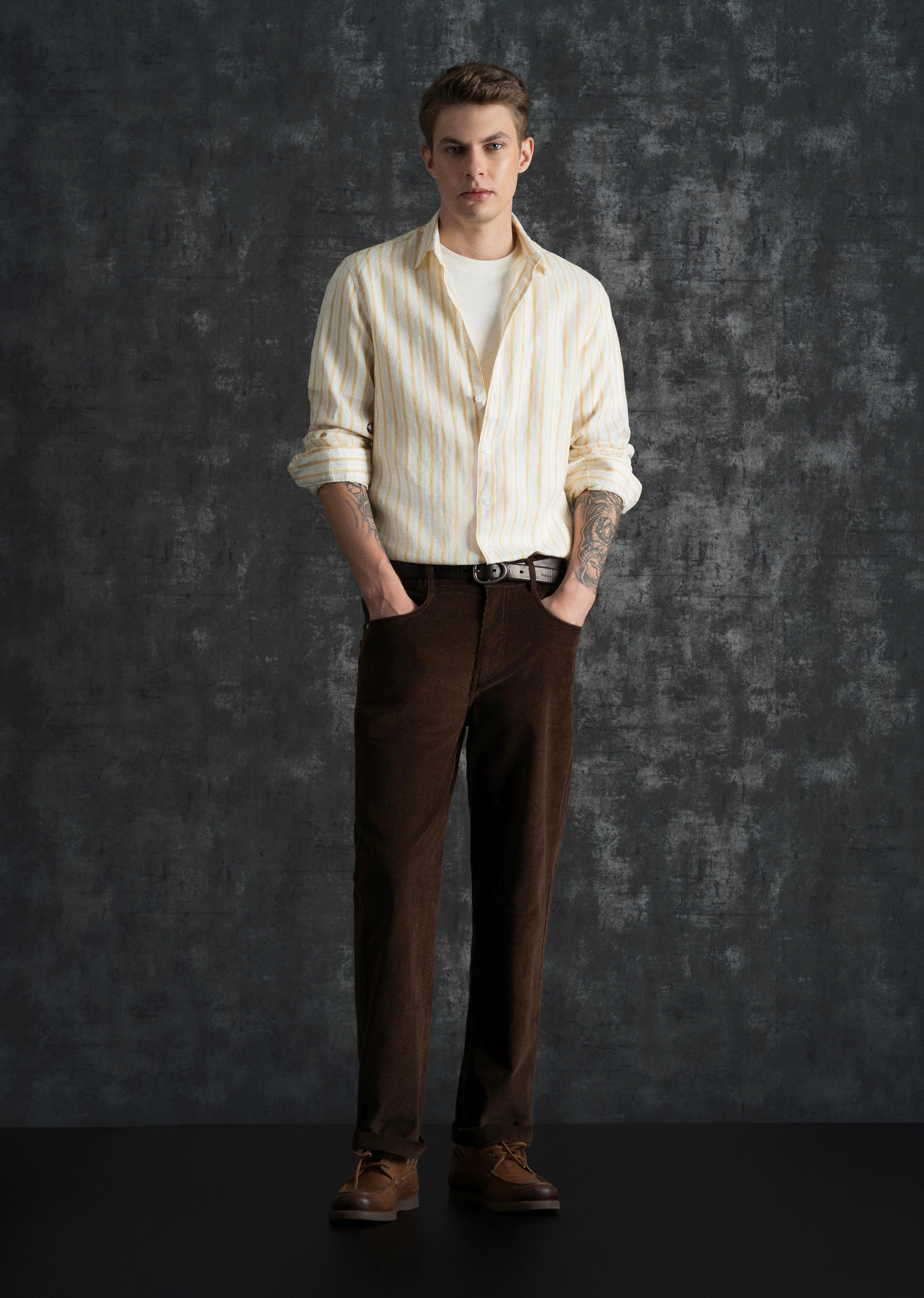 100% Linen Yellow Self-Stripe Shirt - Image 7