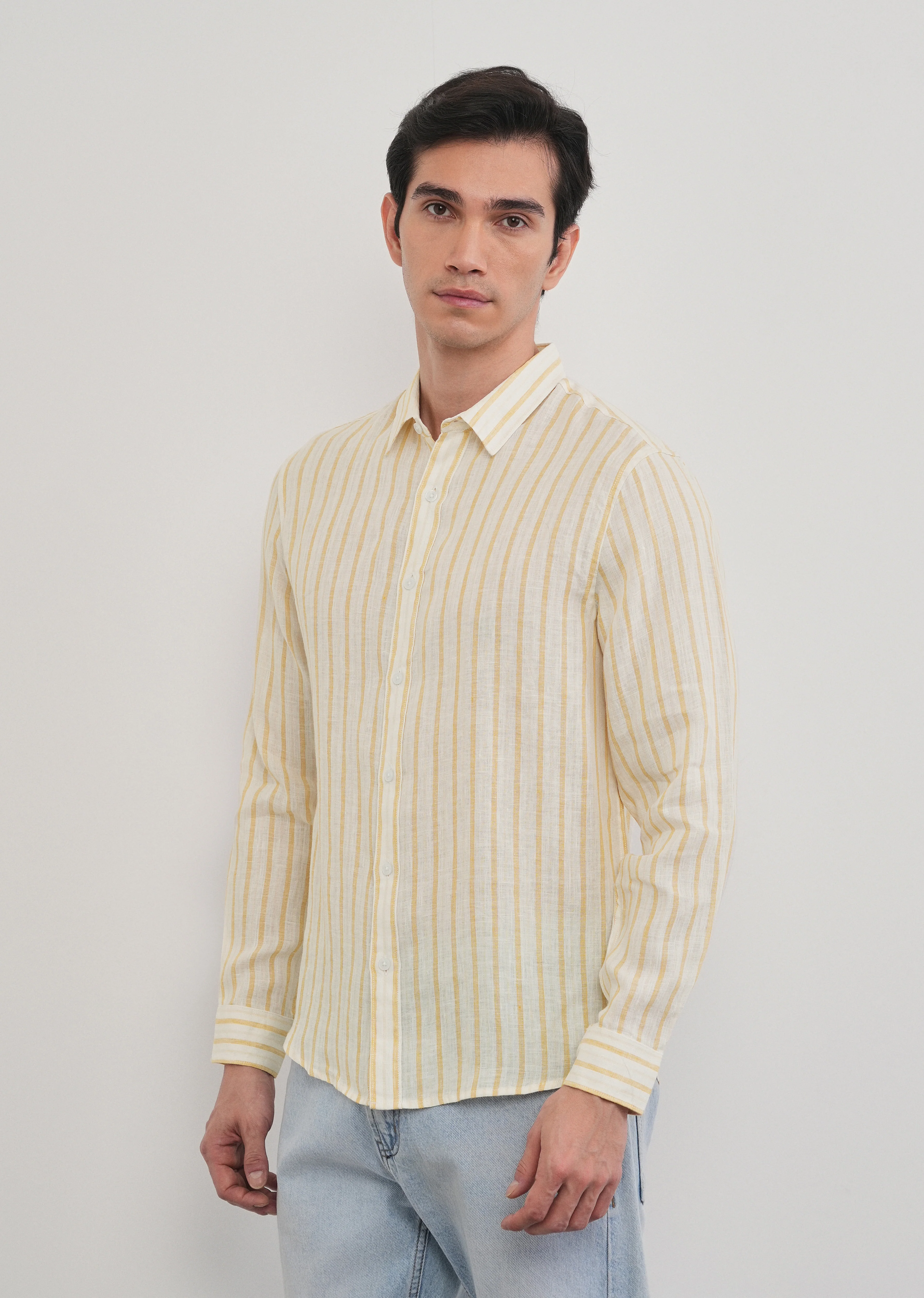 100% Linen Yellow Self-Stripe Shirt - Image 8