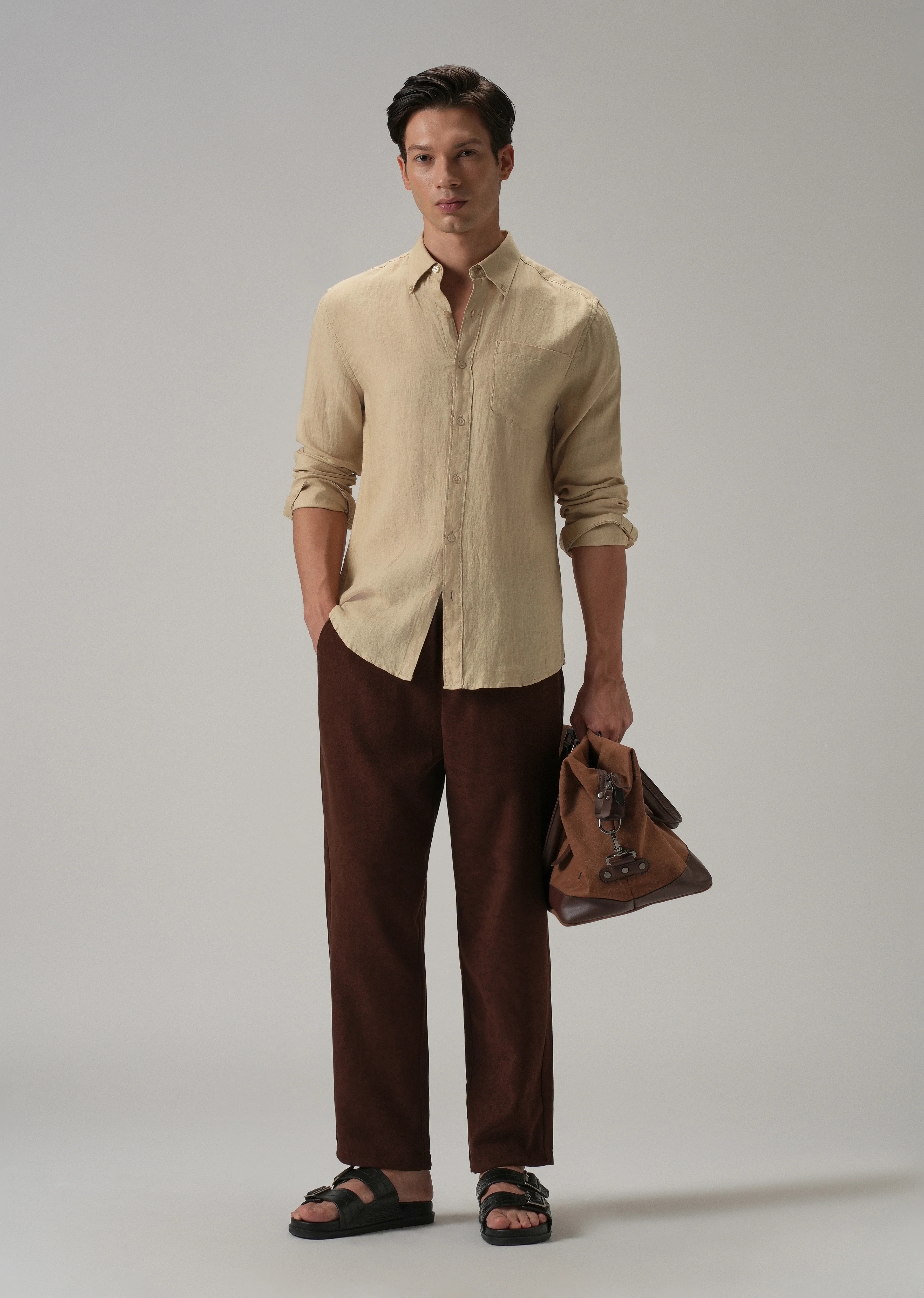 100% Pure Dark Beige Linen Shirt - Image 7