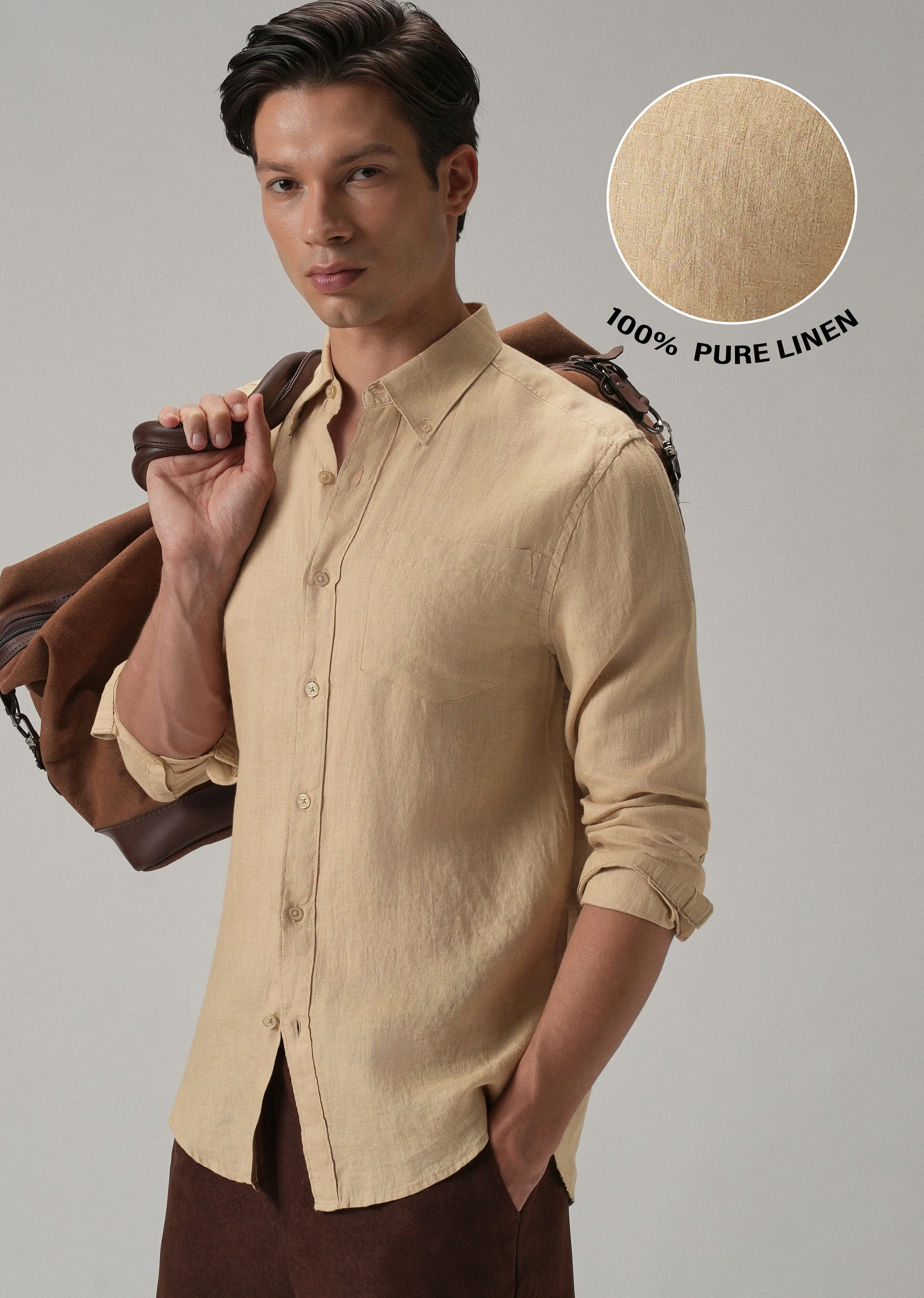 100% Pure Dark Beige Linen Shirt - Image 8