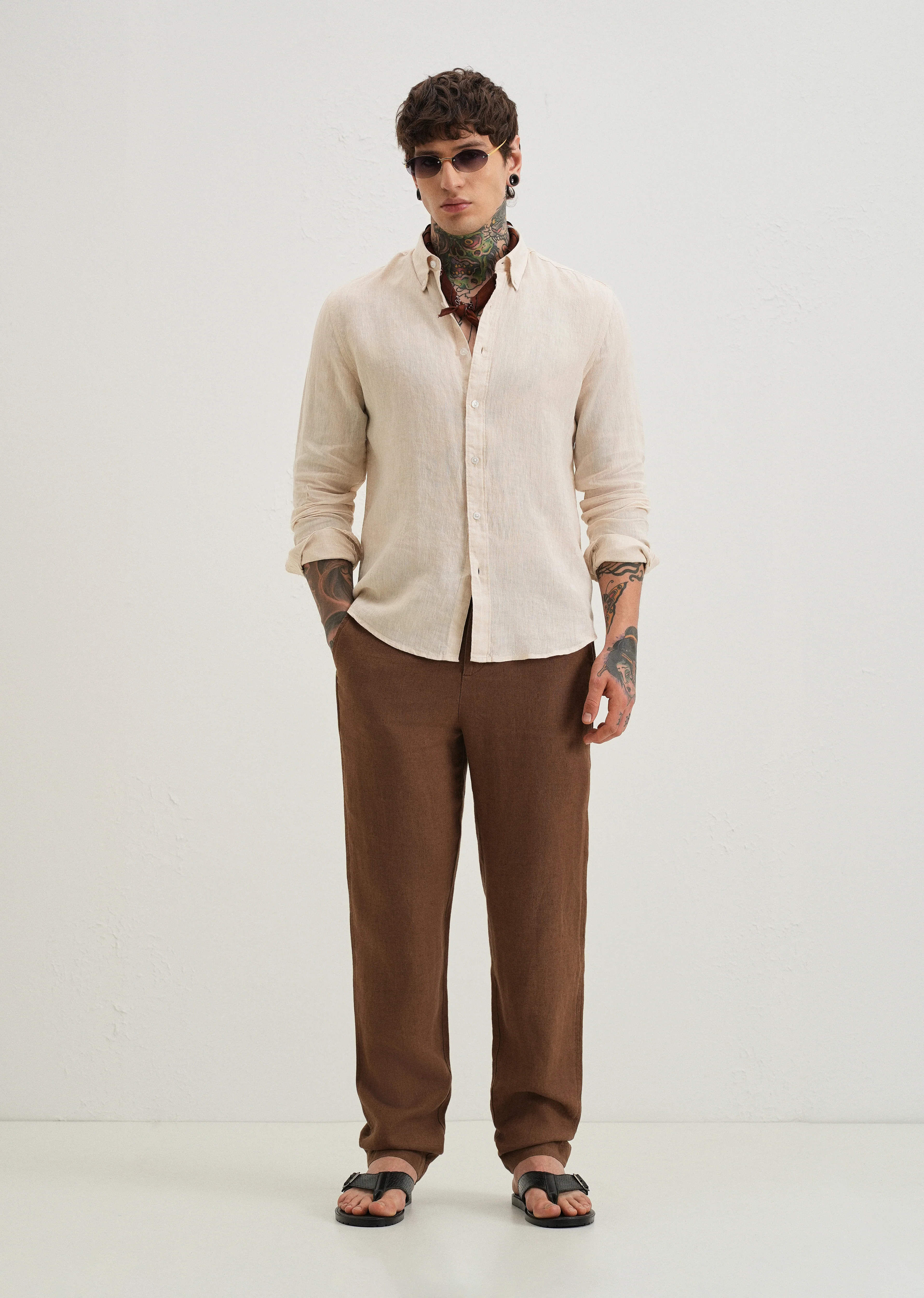 100% Pure Irish Sepia Beige Linen Shirt - Image 6