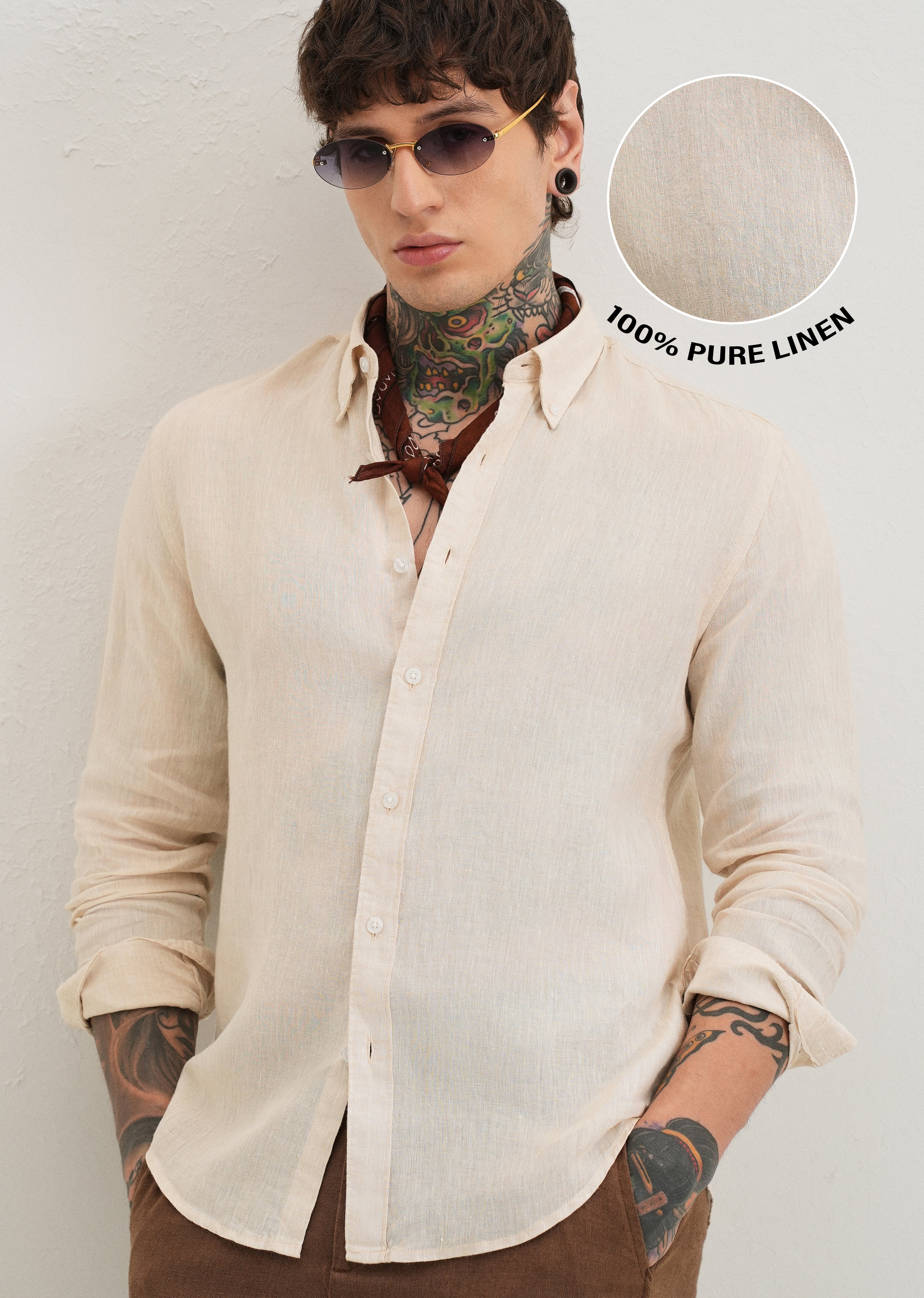 100% Pure Irish Sepia Beige Linen Shirt - Image 7
