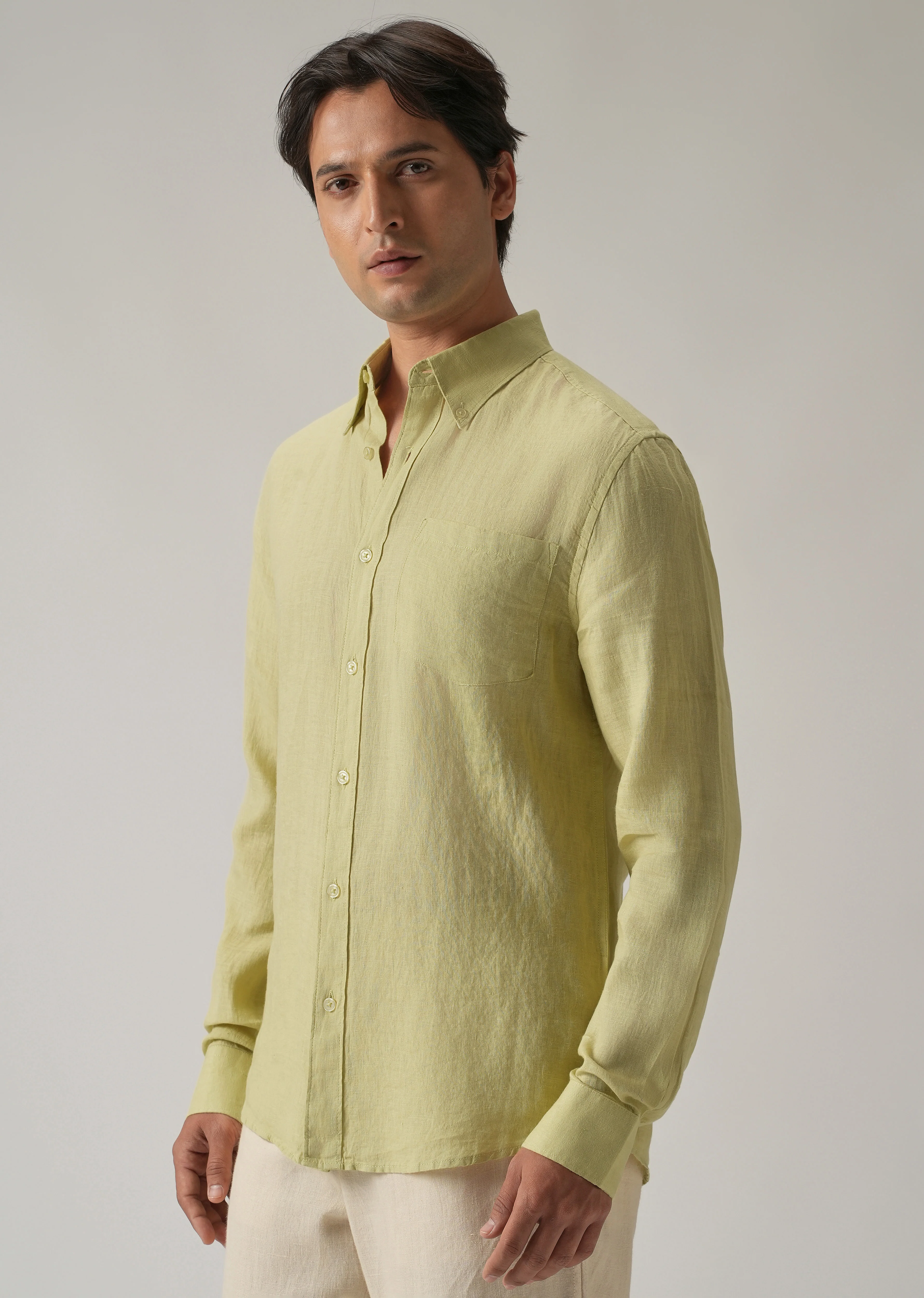 100% Pure Light Lemon Yellow Linen Shirt - Image 5