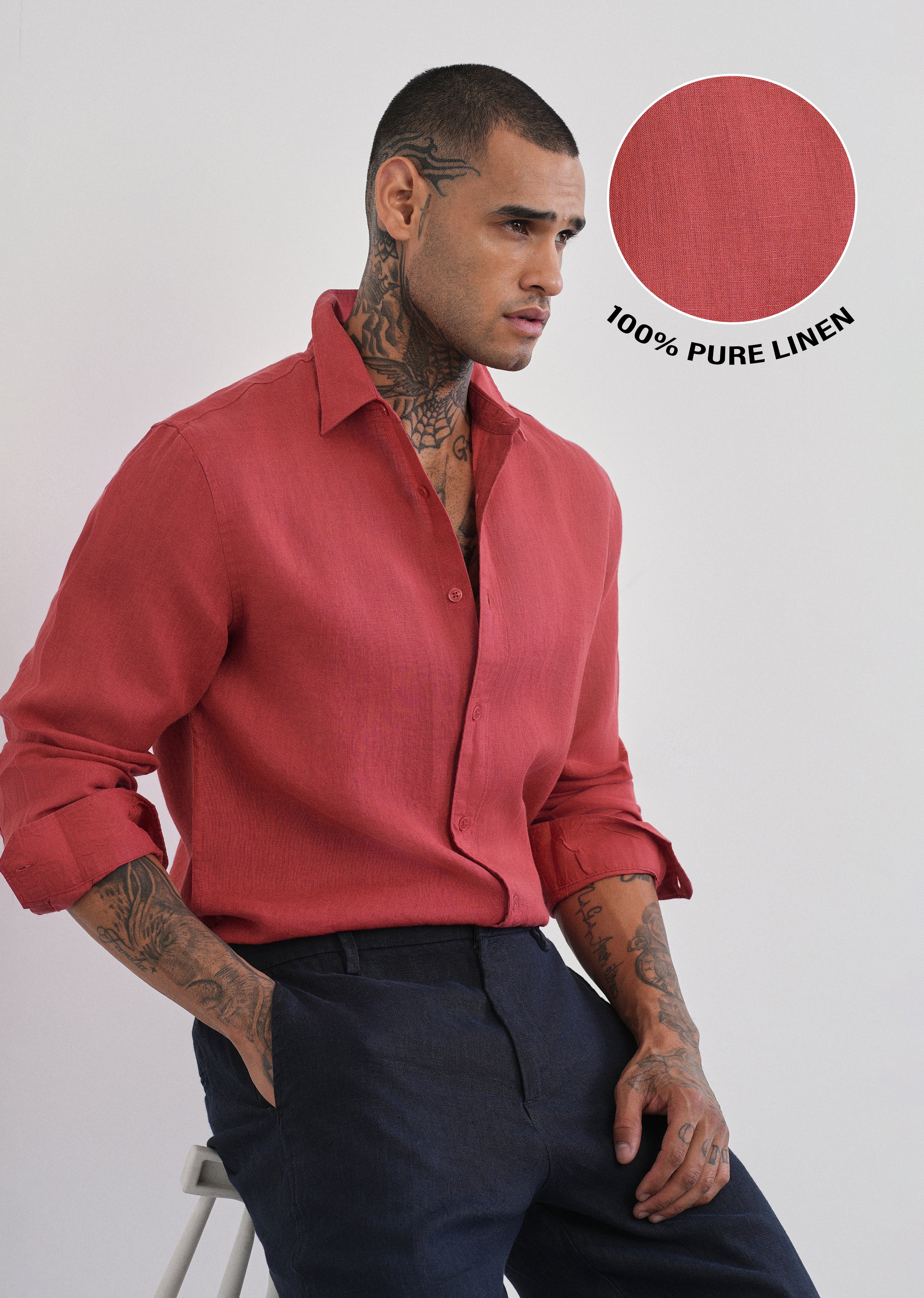 100% Pure Linen Brick Red Plain Shirt - Image 2