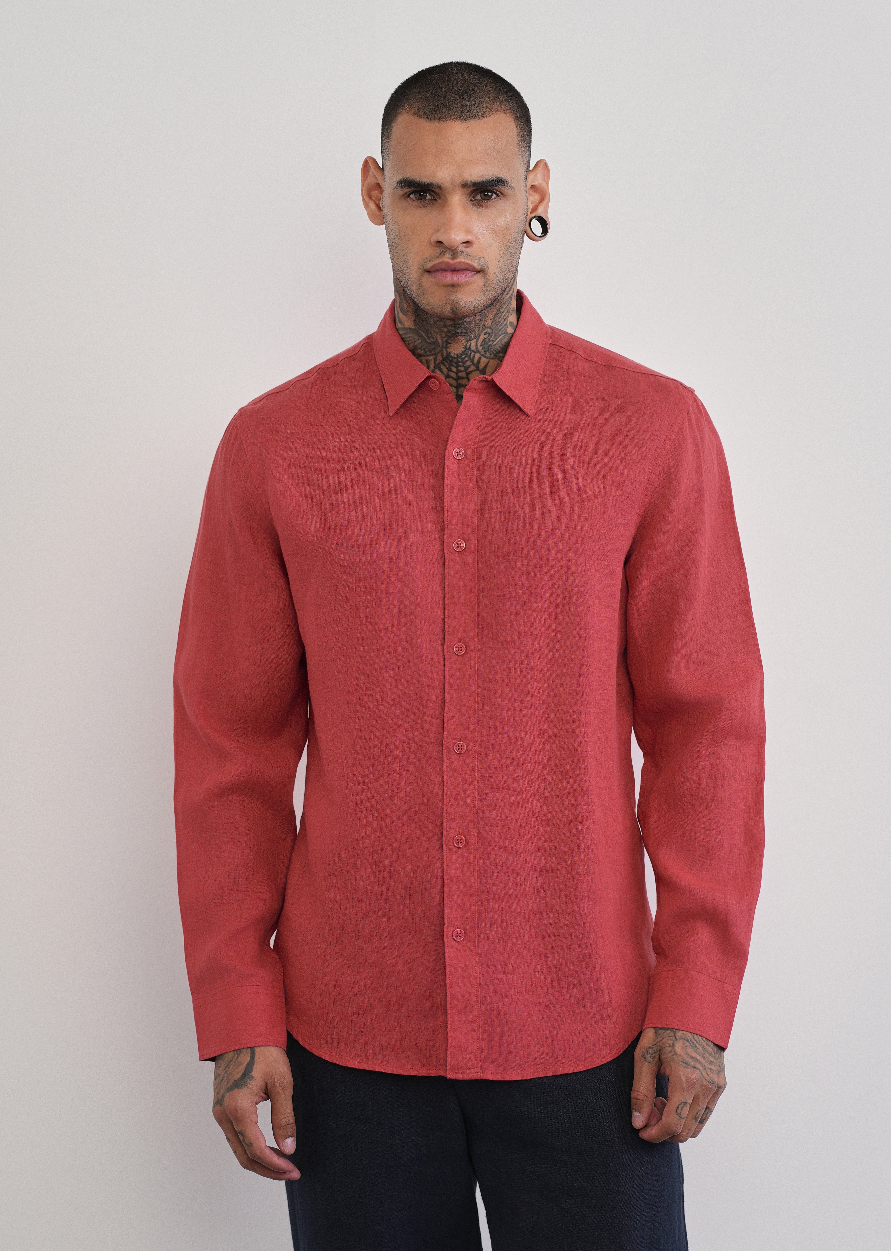 100% Pure Linen Brick Red Plain Shirt - Image 5