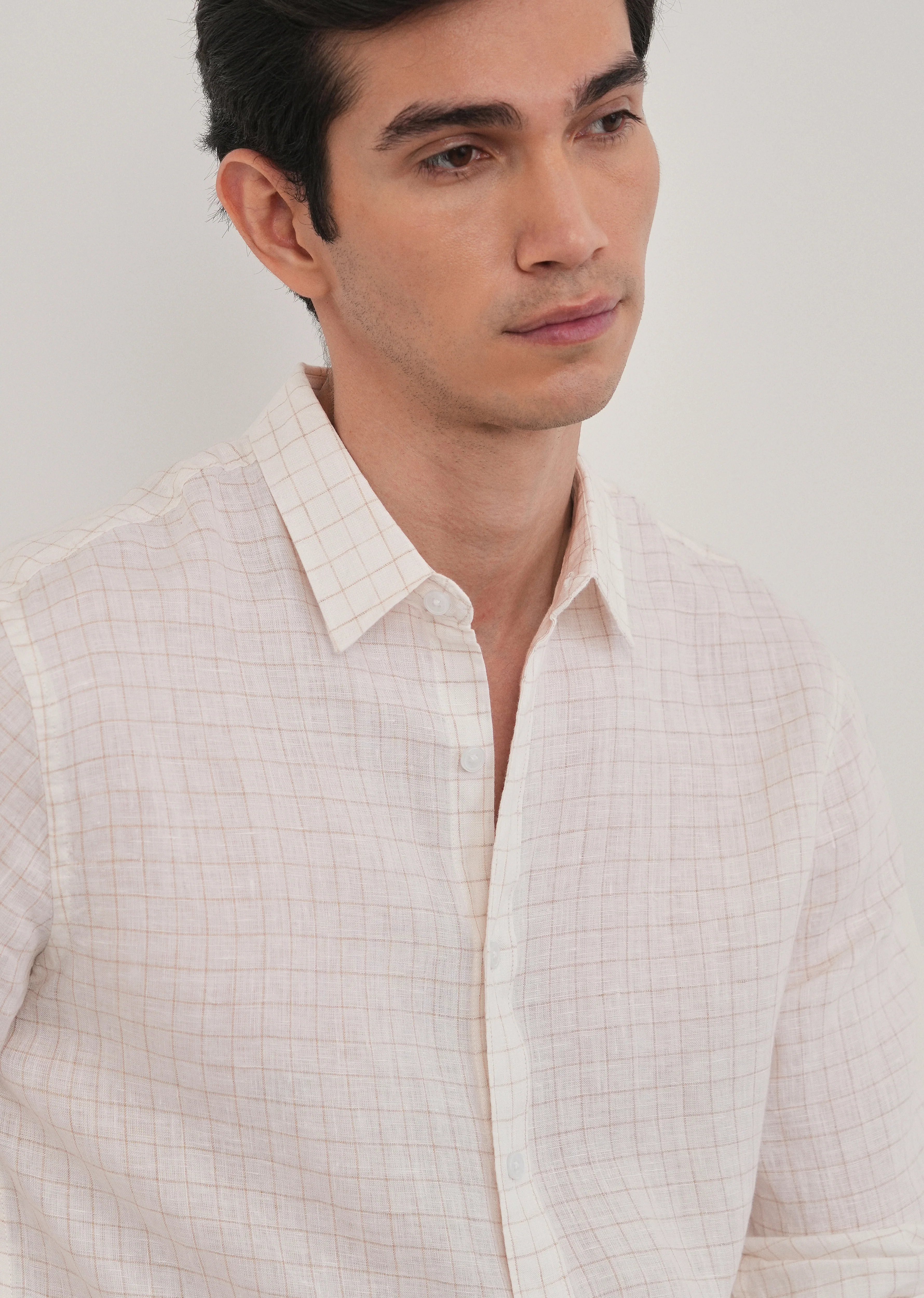 100% Pure Linen Off-White Check Shirt - Image 11