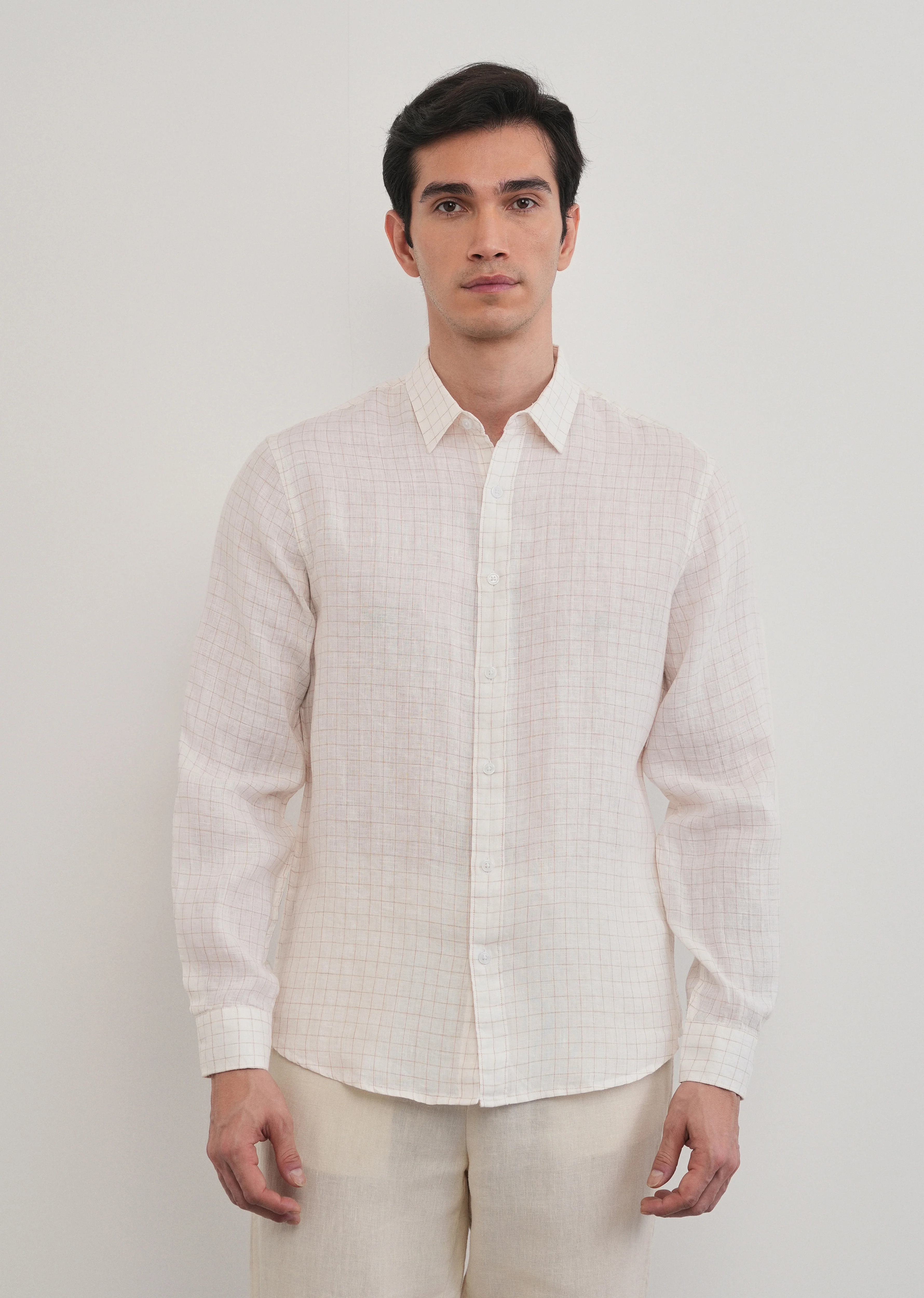 100% Pure Linen Off-White Check Shirt - Image 6