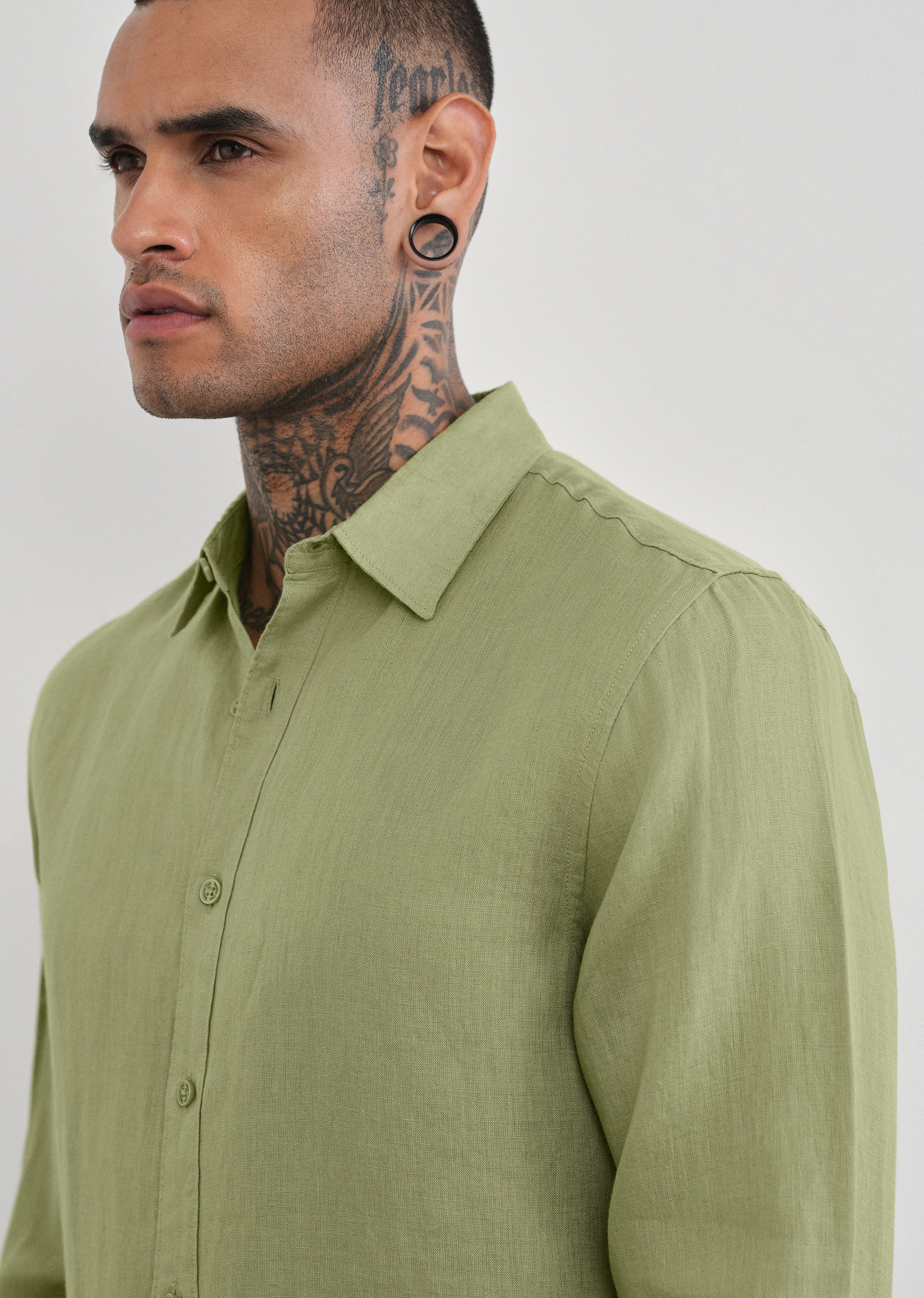 100% Pure Linen Sage Green Plain Shirt - Image 5