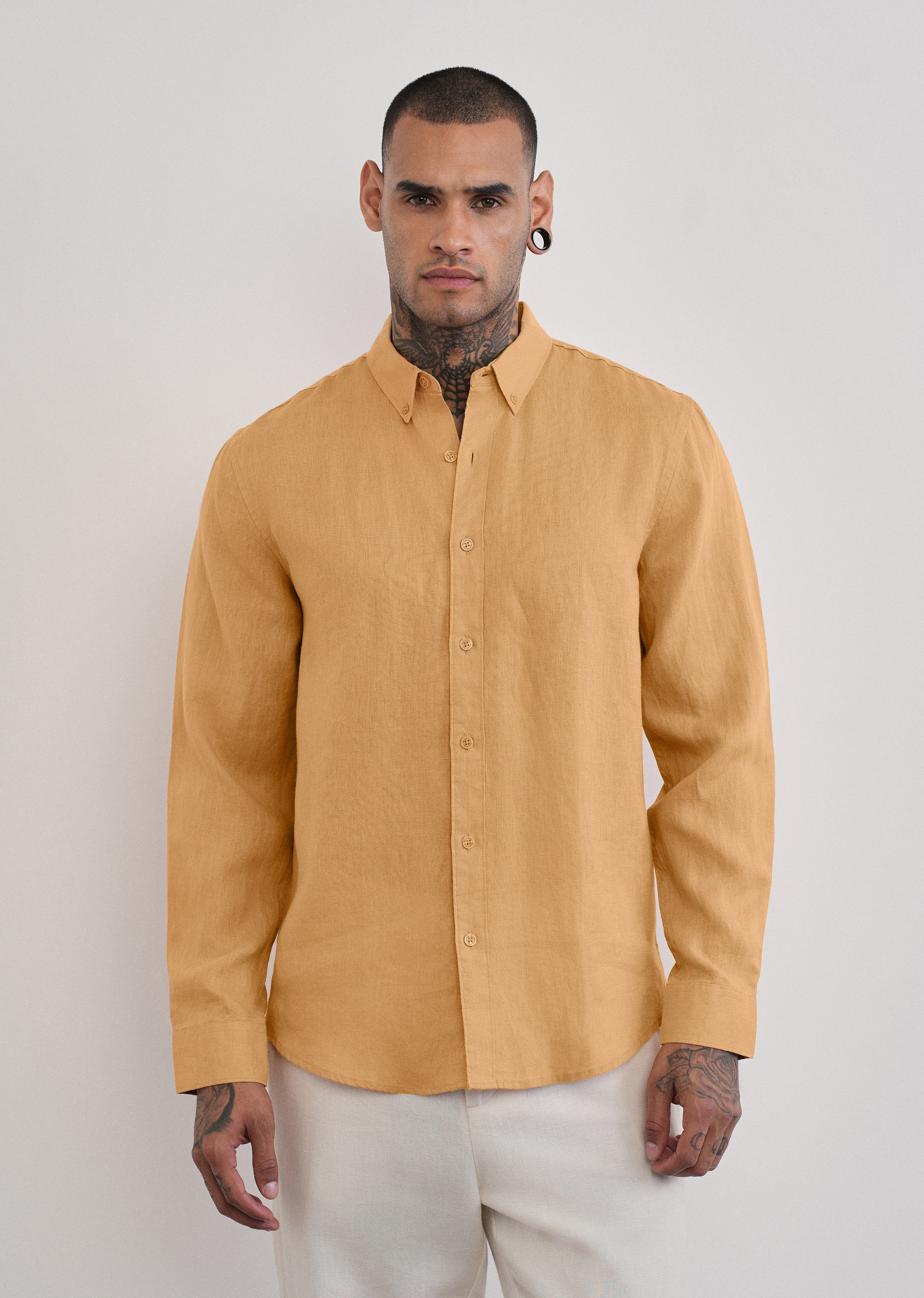 100% Pure Linen Yellow Ochre Plain Shirt - Image 3