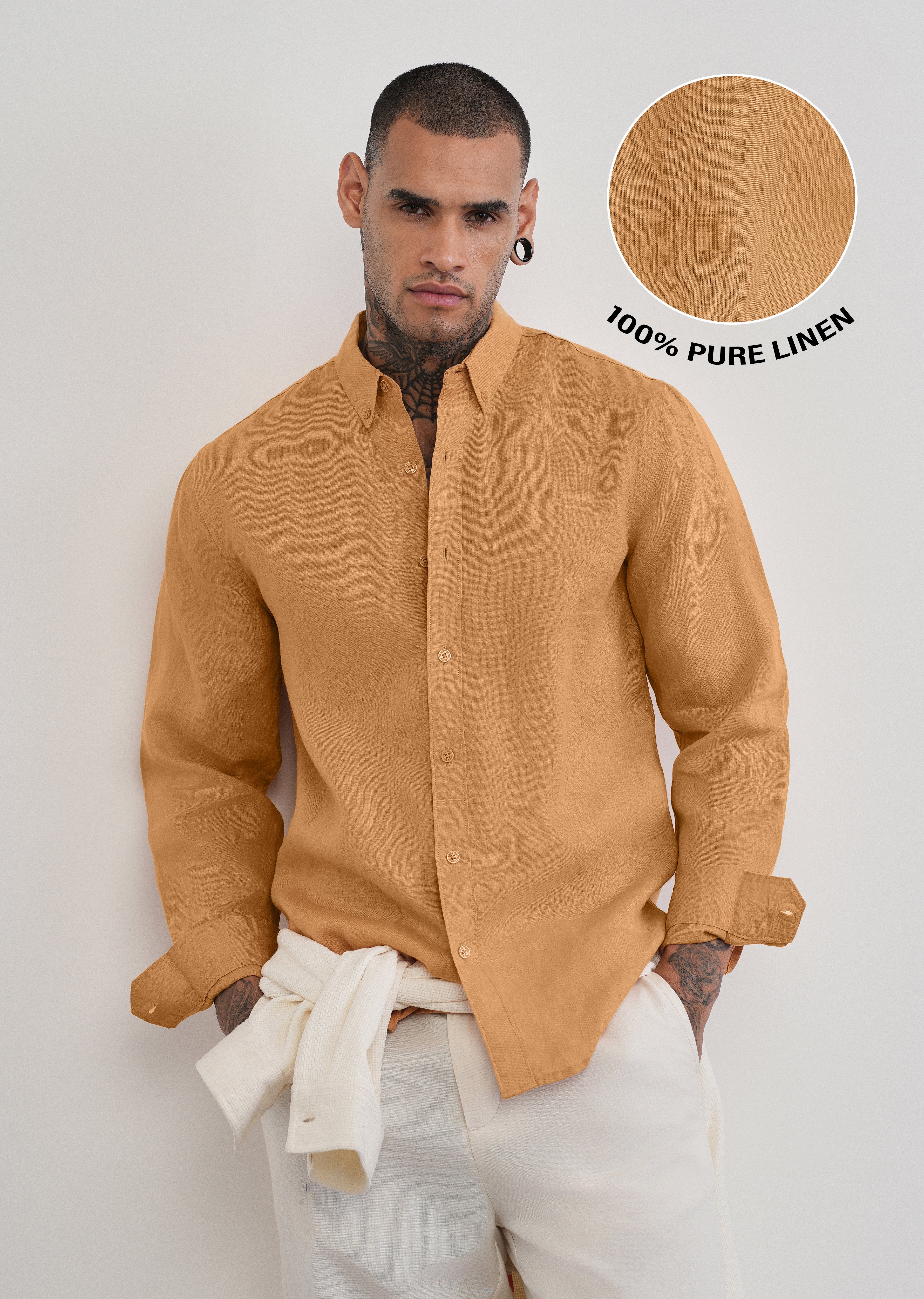 100% Pure Linen Yellow Ochre Plain Shirt - Image 7