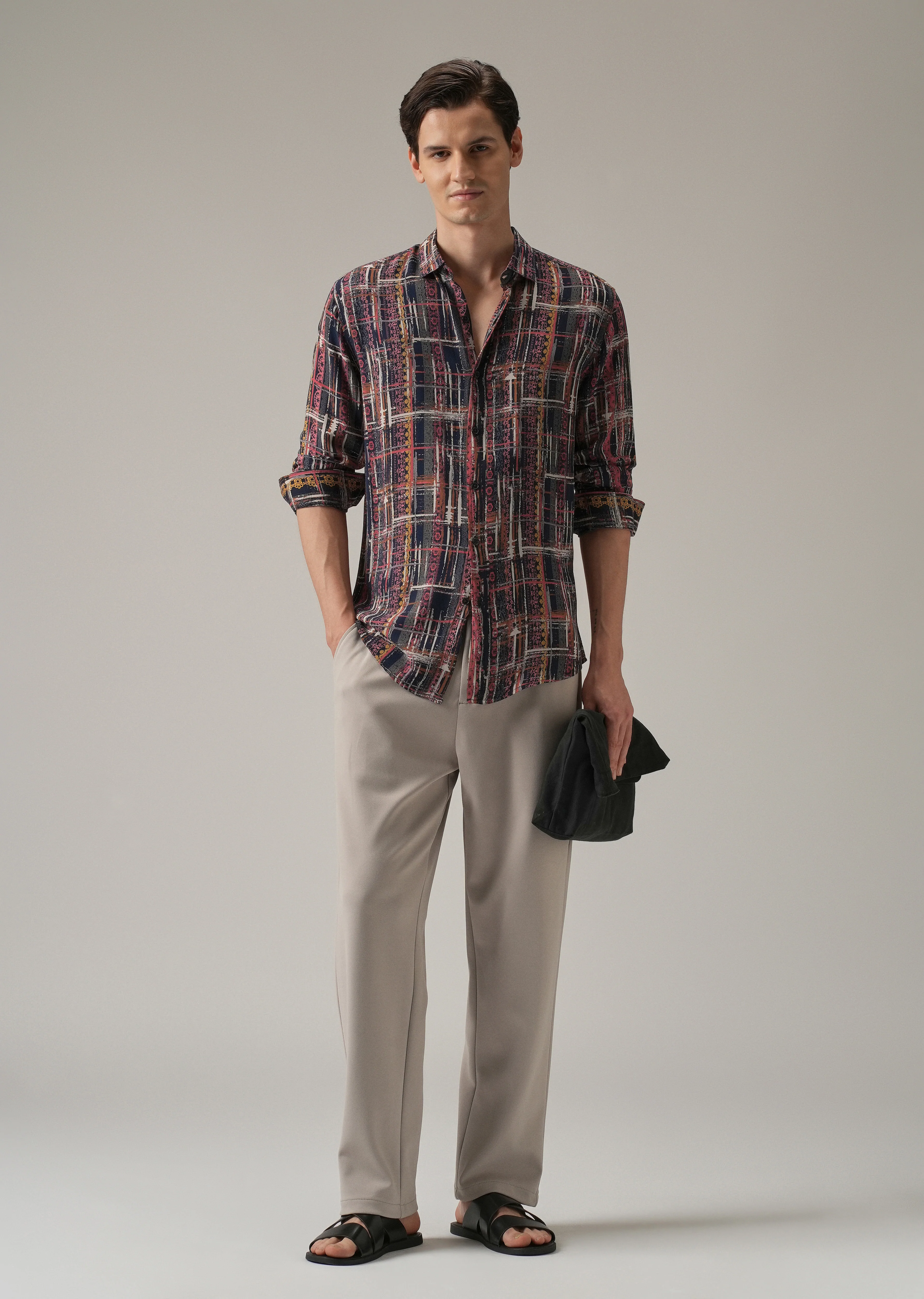 Abstract Multi Plaid Print Feather Shirt - Image 6