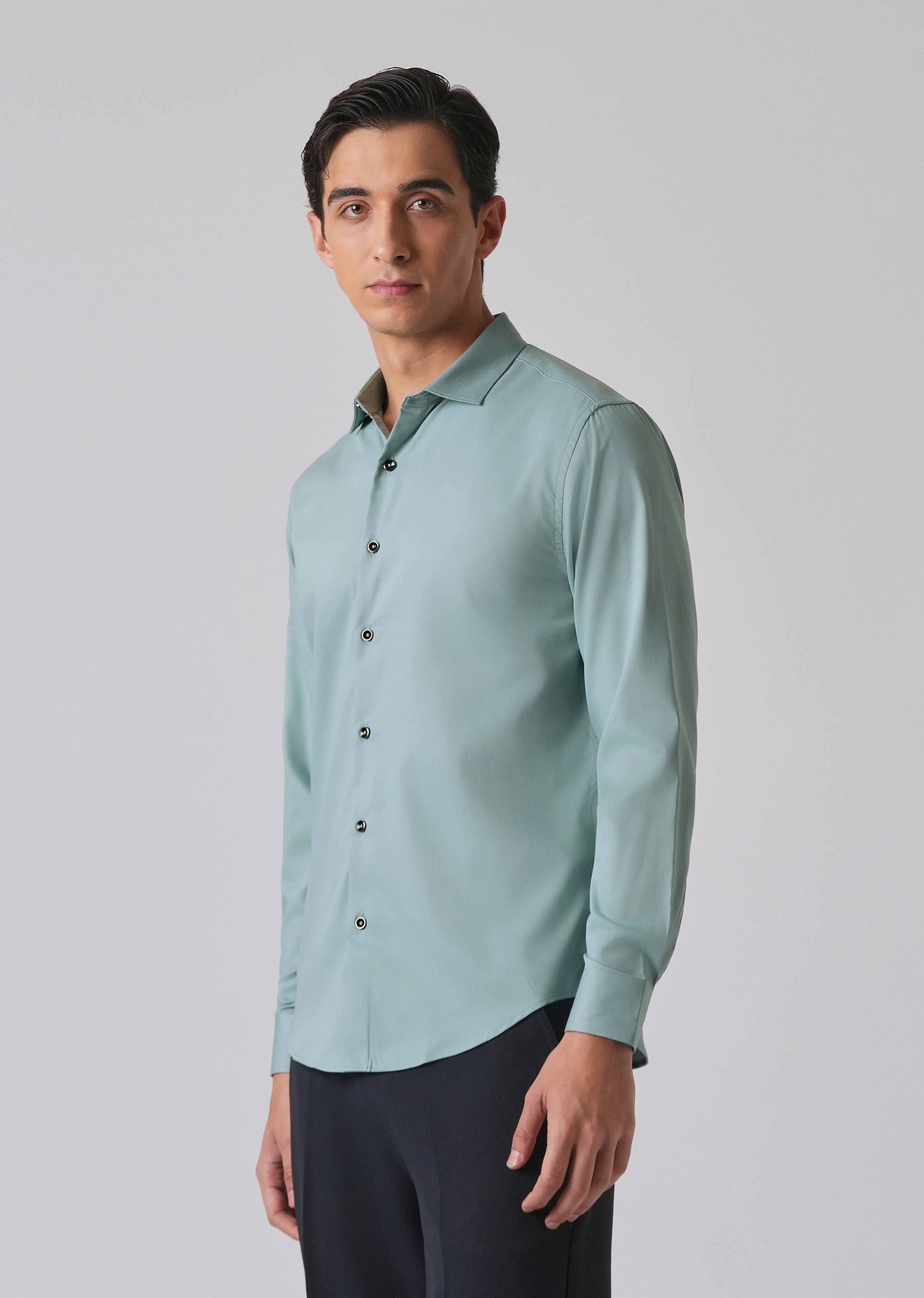 Ash Green Cotton Stretch Plain Shirt - Image 4