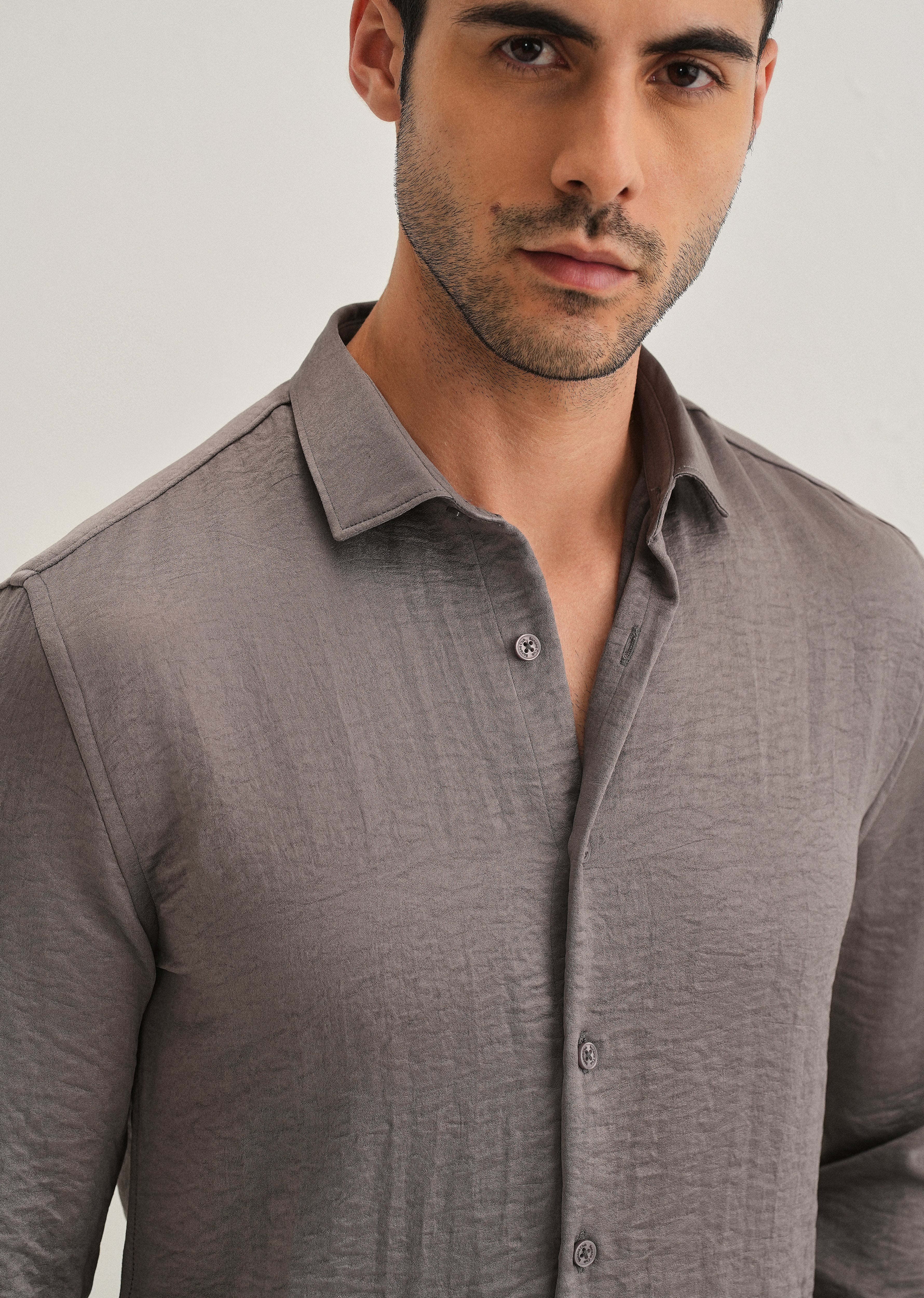 Ash Grey Plain Crushed Satin Shirt - Image 5