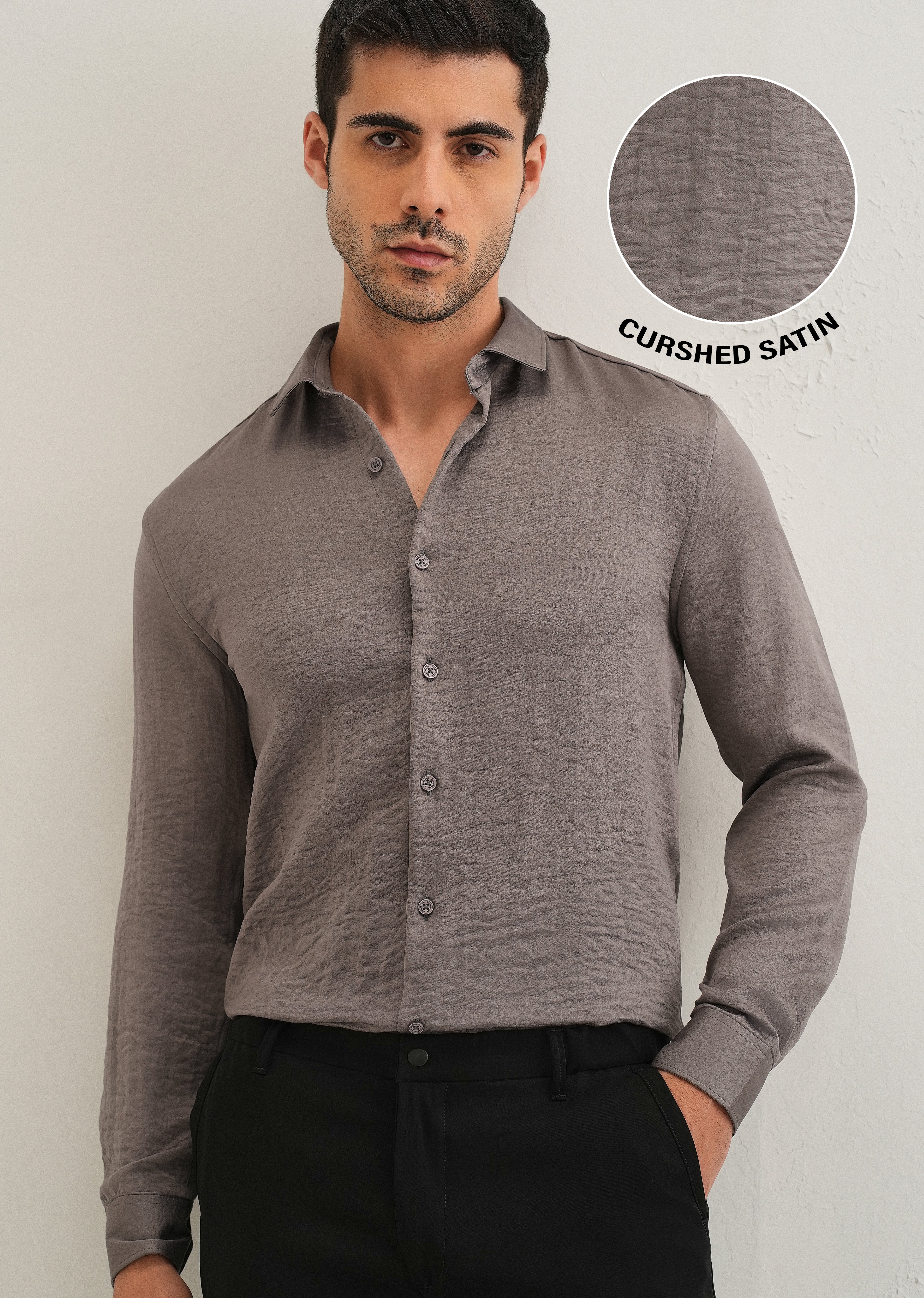 Ash Grey Plain Crushed Satin Shirt - Image 7