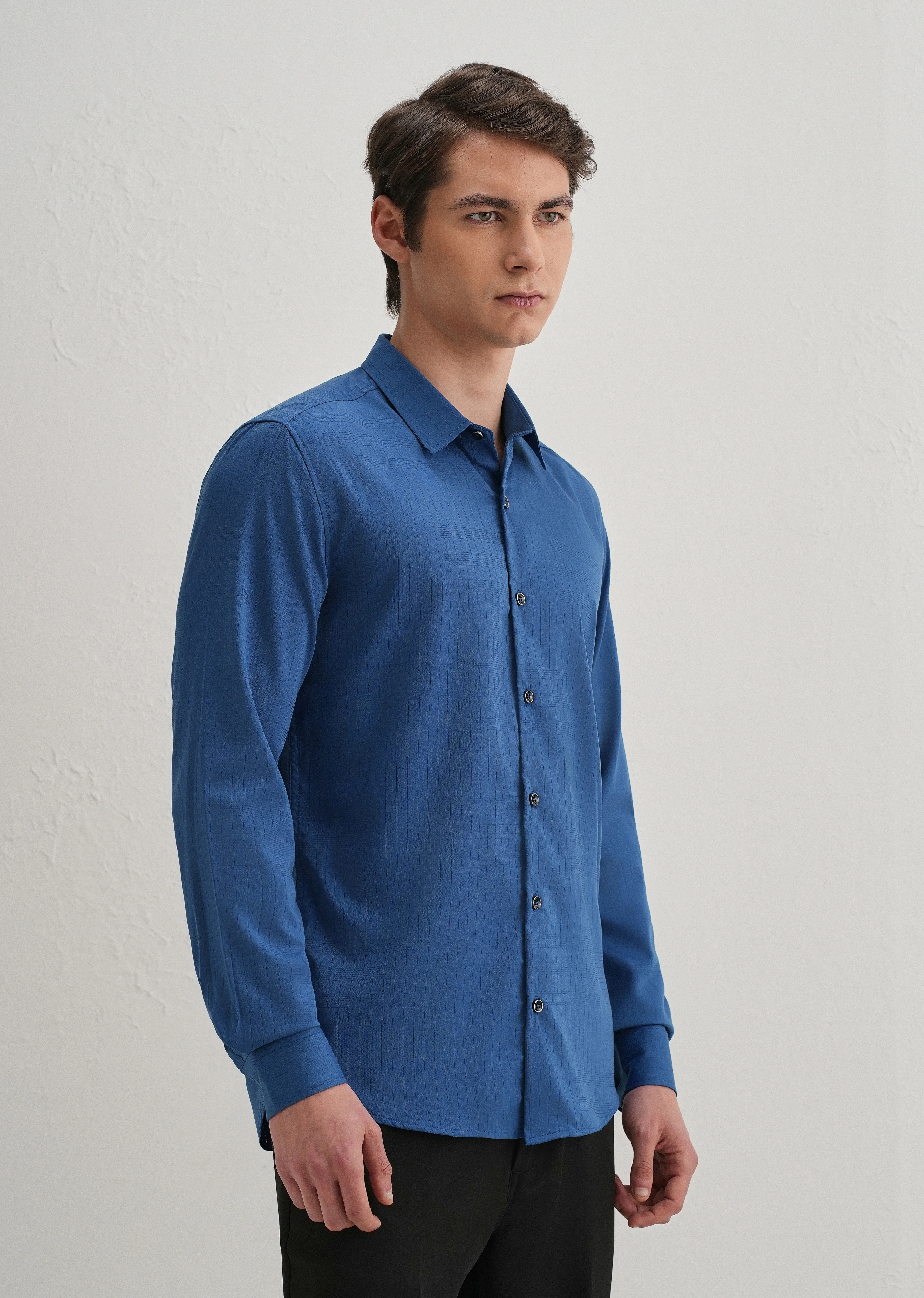 Azure Blue Self Striped Plain Shirt - Image 5