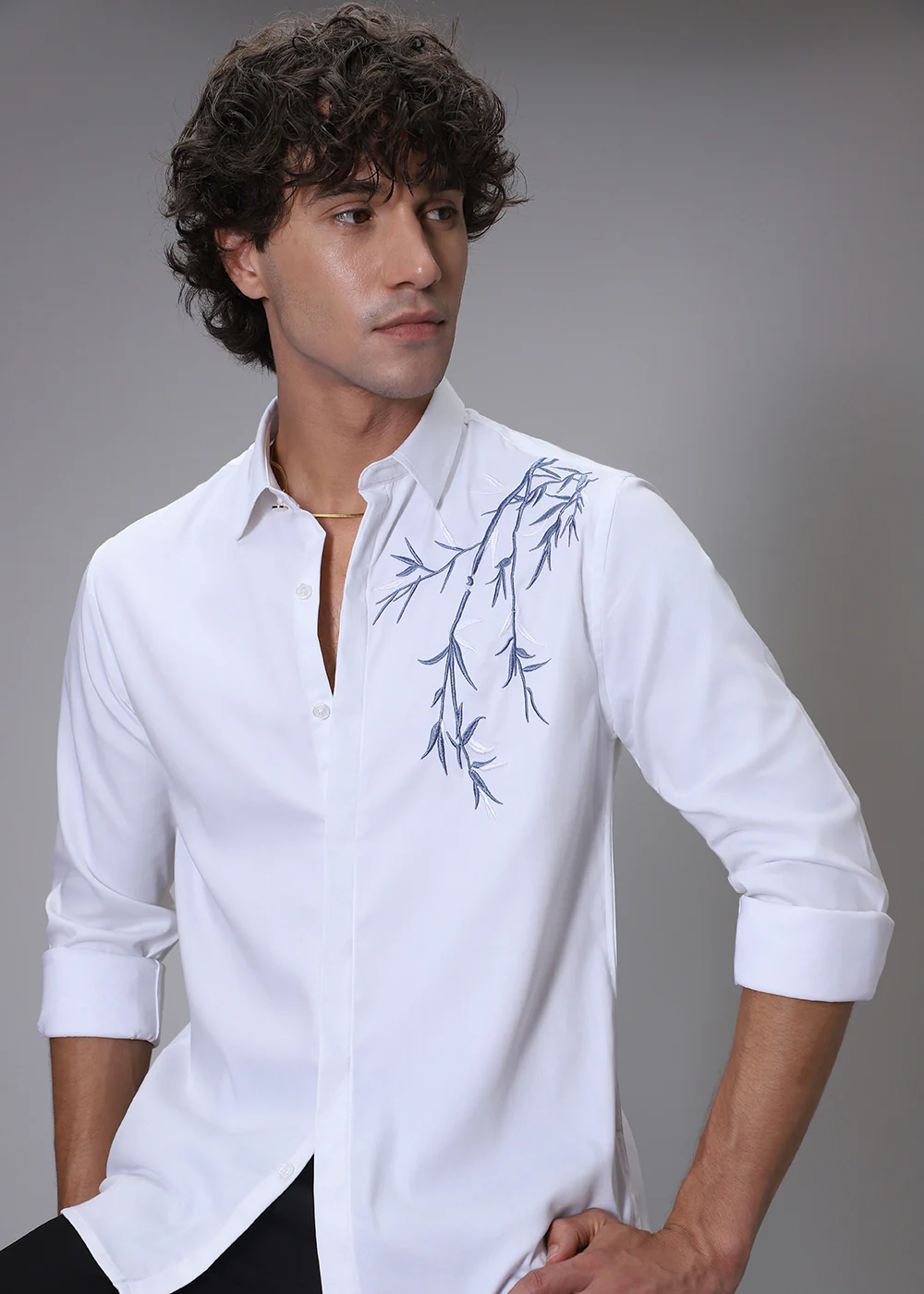 Bamboo Embroidery White Designer Shirt - Image 5