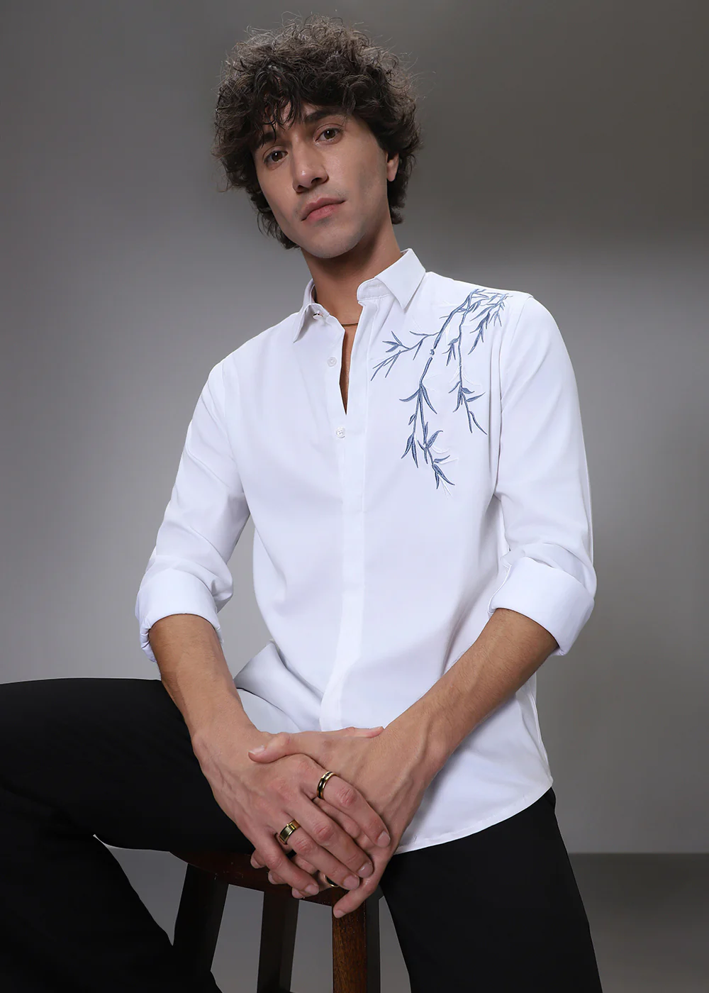 Bamboo Embroidery White Designer Shirt - Image 7