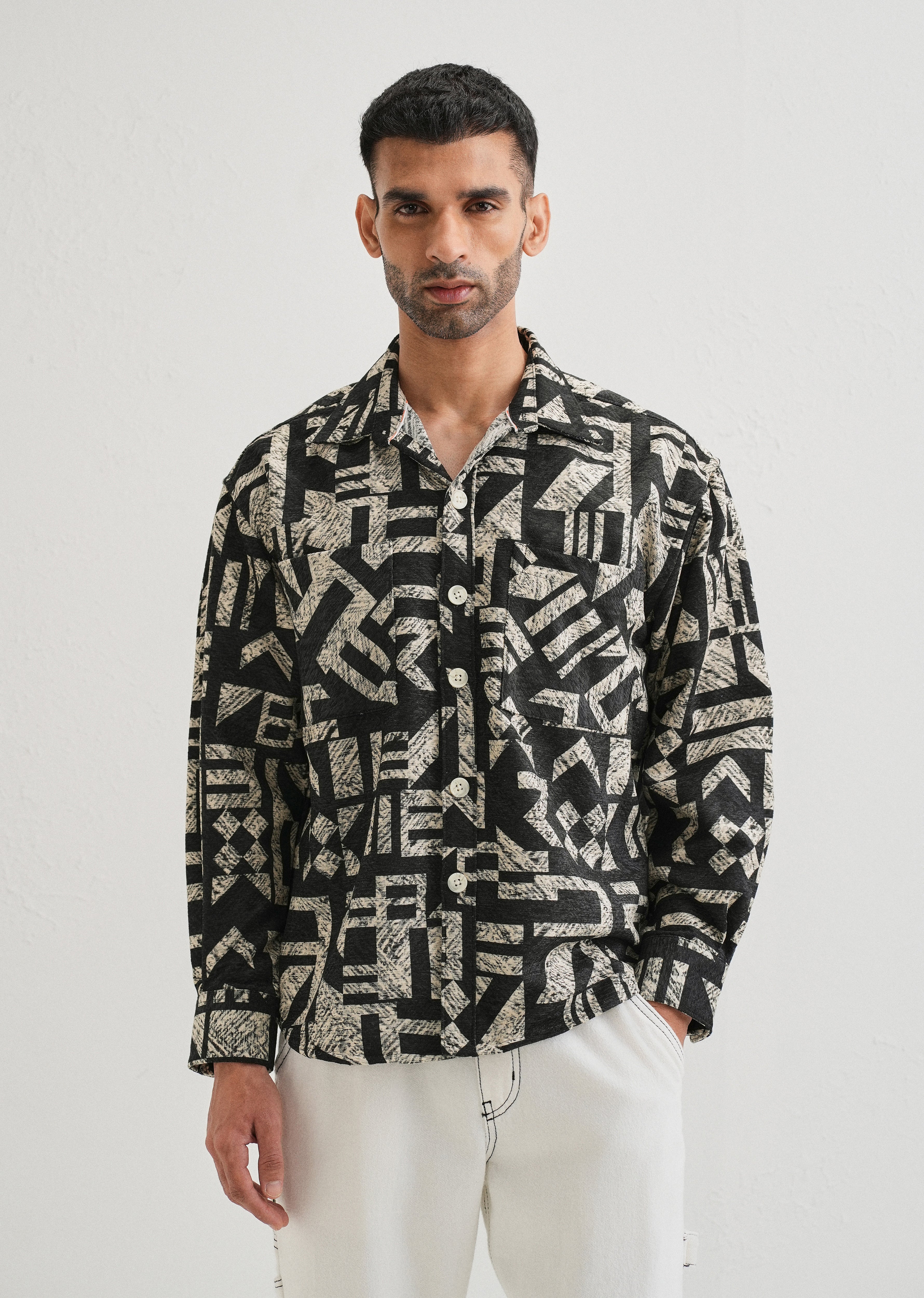 Beige Black Regular Fit Shacket - Image 3