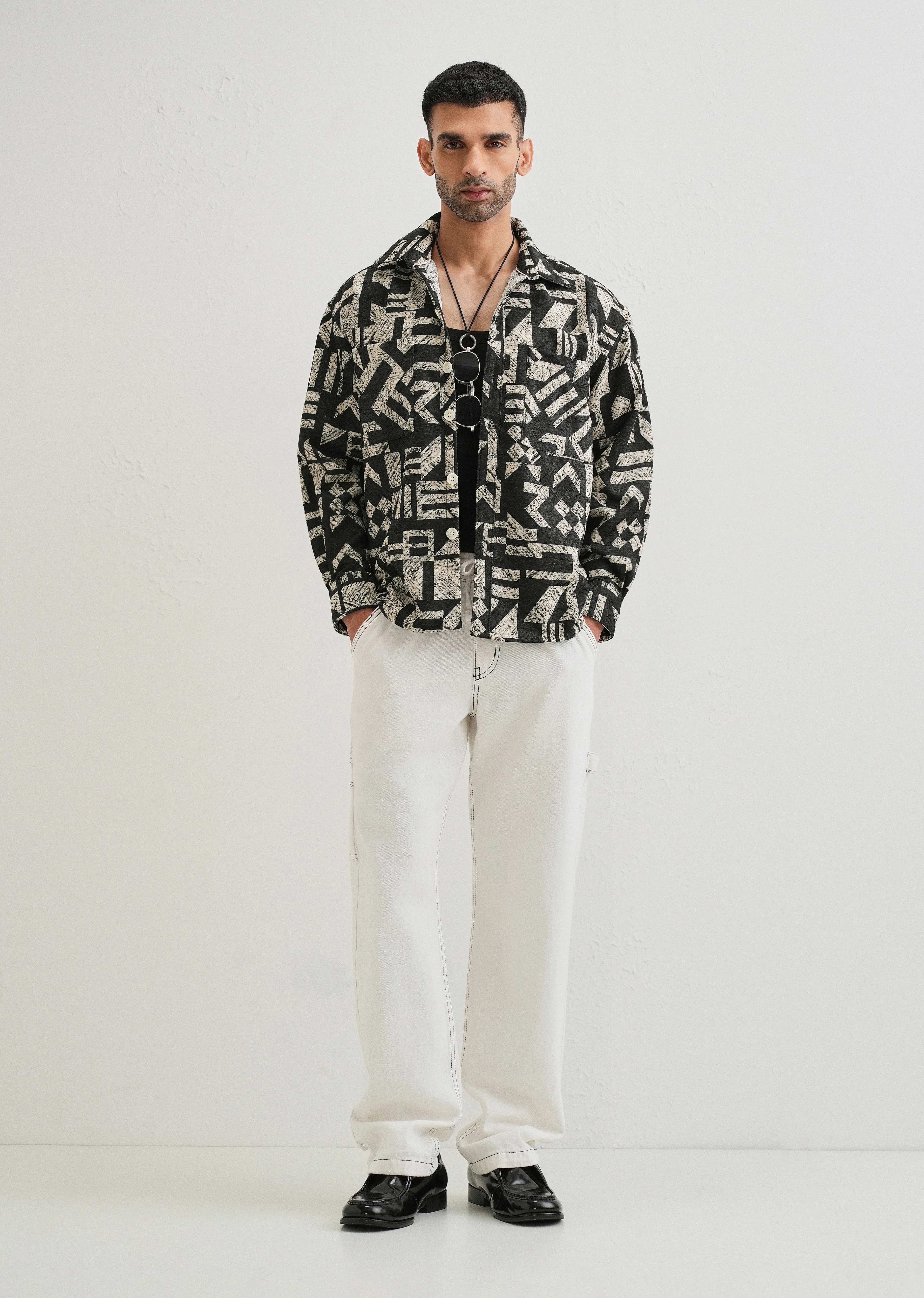 Beige Black Regular Fit Shacket - Image 6