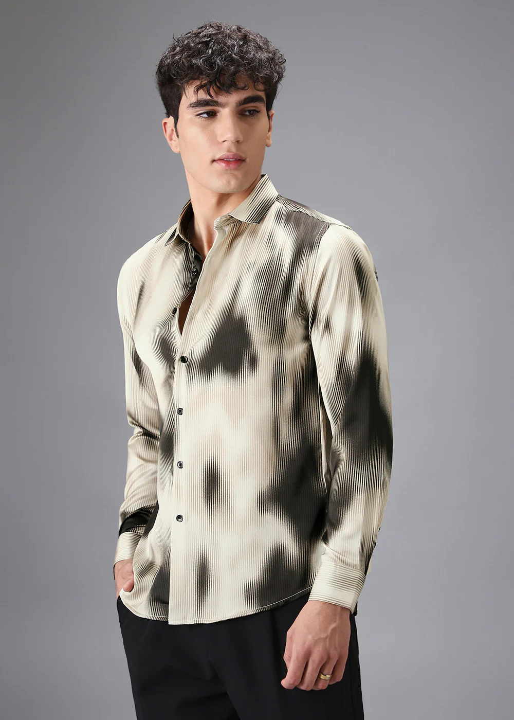 Beige Black Stripe Abstract Printed Shirt - Image 5