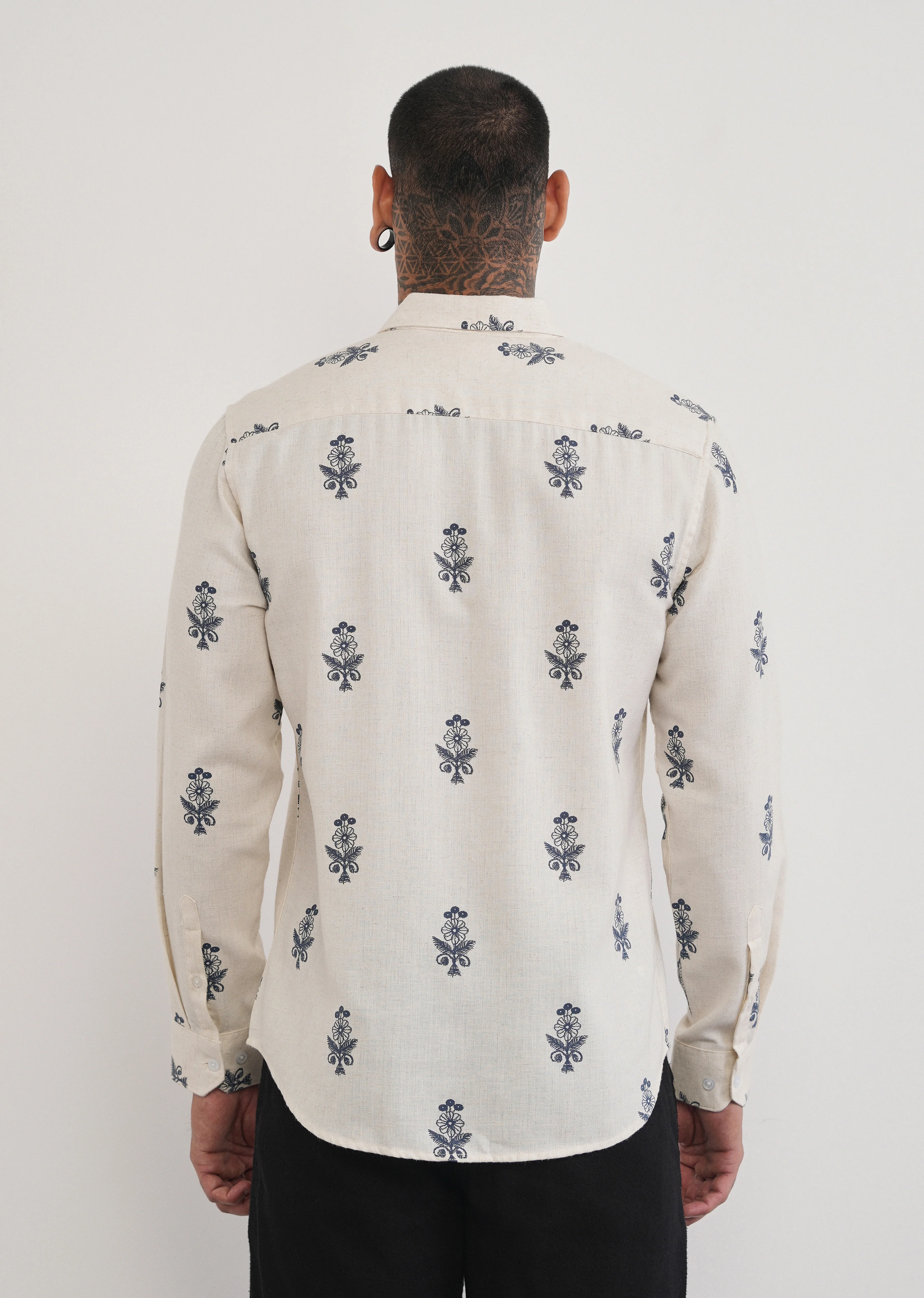 Beige Blended Linen Floral Print Shirt - Image 2