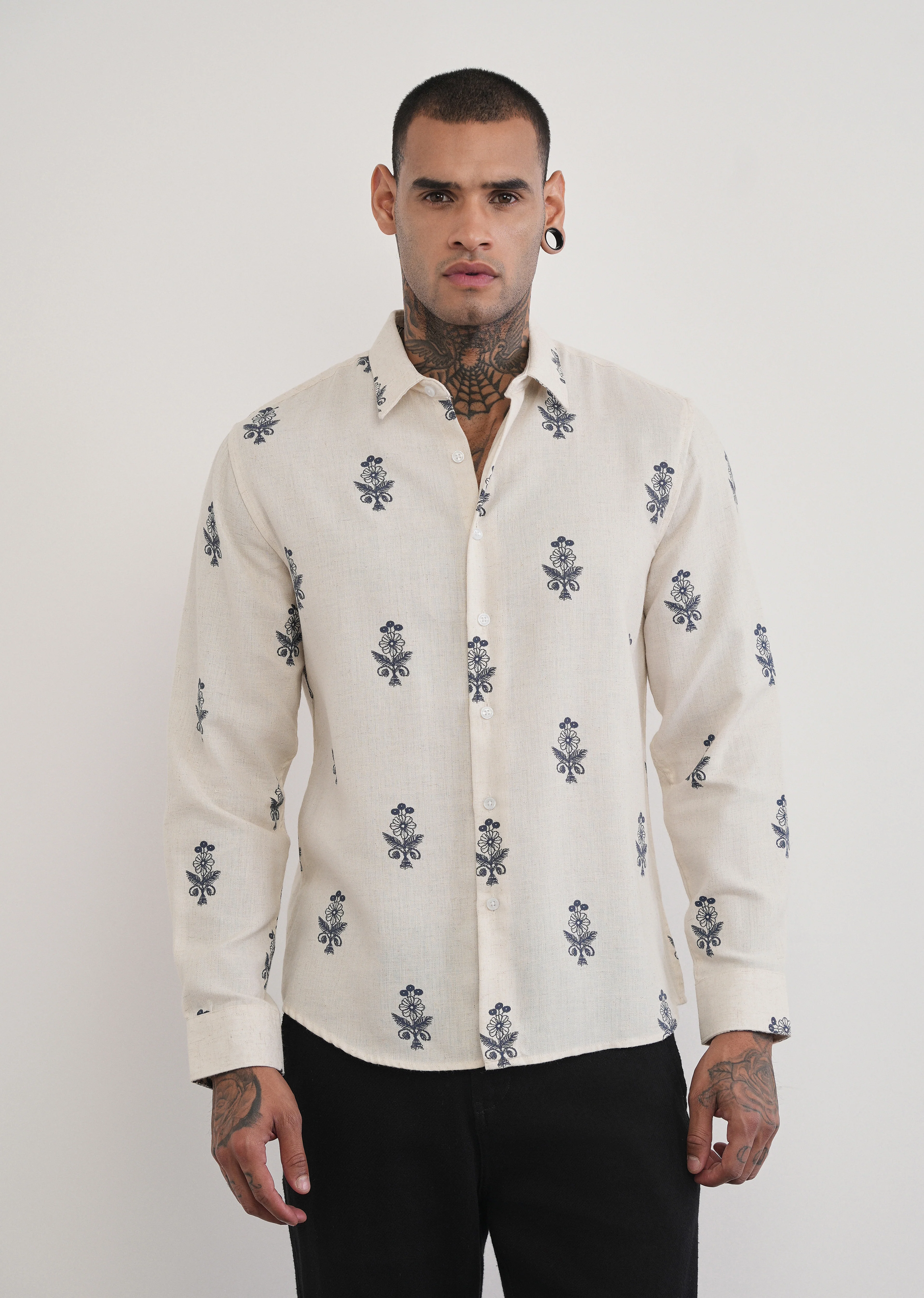 Beige Blended Linen Floral Print Shirt - Image 3