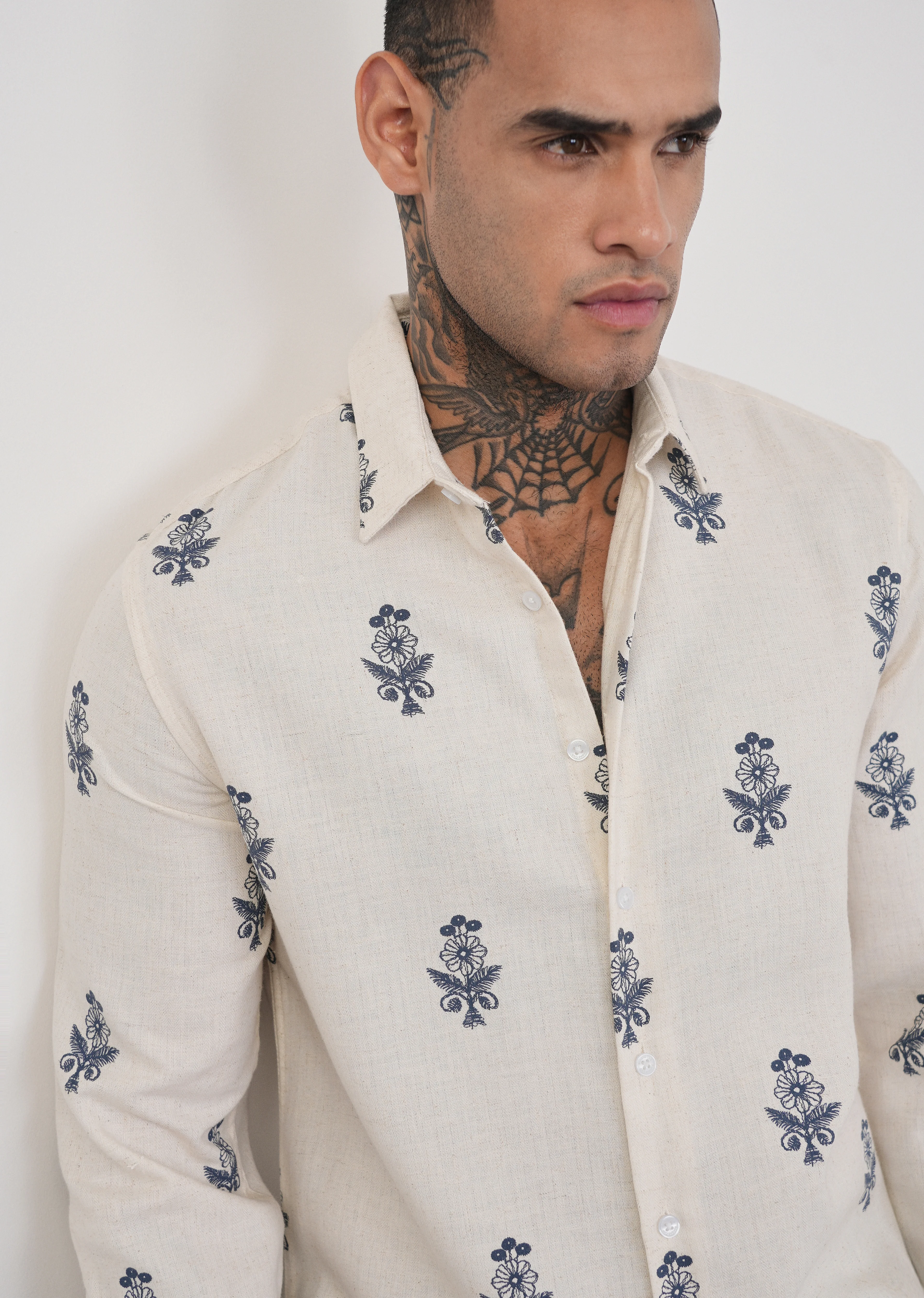Beige Blended Linen Floral Print Shirt - Image 5