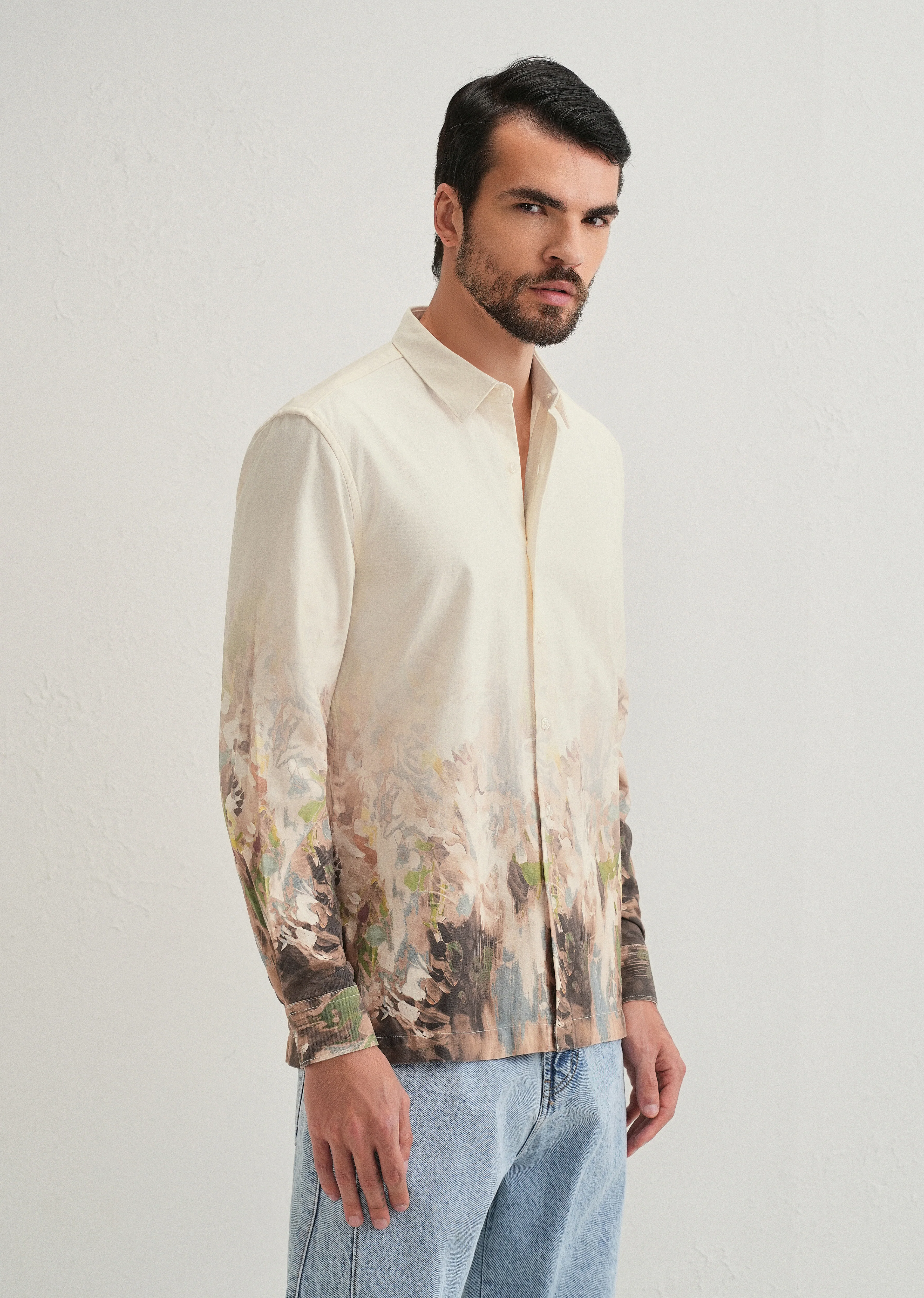 Beige Blue Abstract Printed Shirt - Image 3