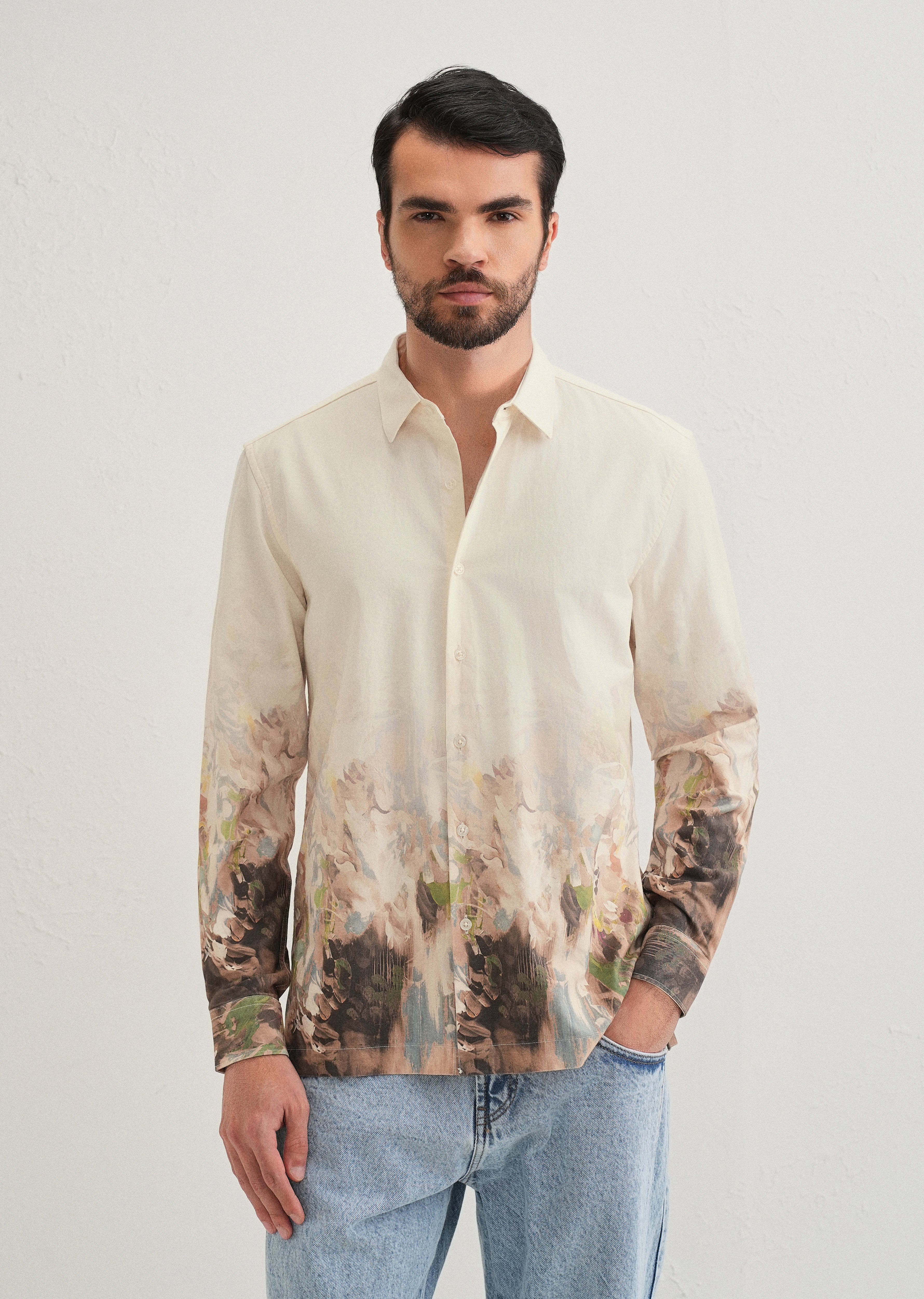 Beige Blue Abstract Printed Shirt - Image 4